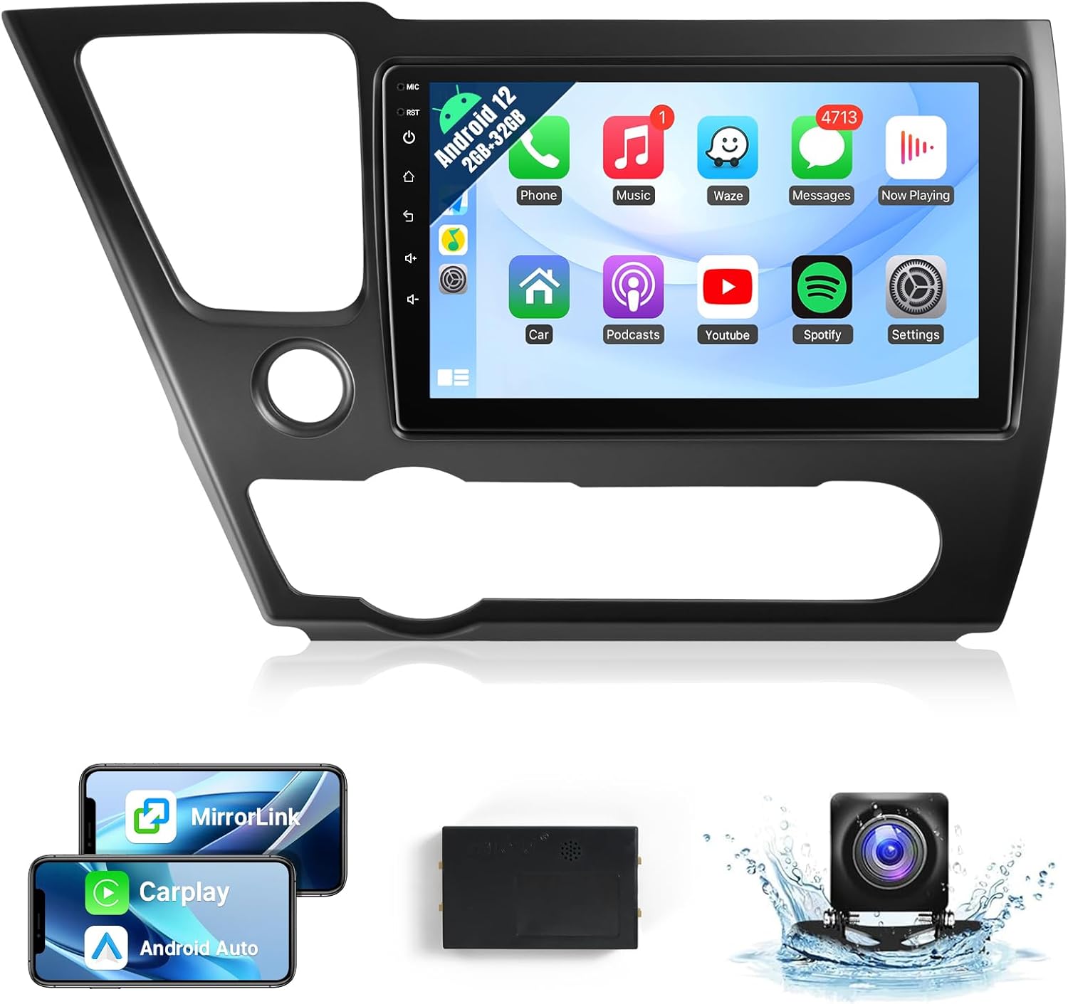 Naifay Car Stereo for Honda Civic 2013 2014 2015 2016 2017 Wireless Carplay Android Auto, 2G+32G 9inch IPS Touch Screen for Civic Car Radio Bluetooth FM Audio Receivers GPS WiFi Backup Camera SWC