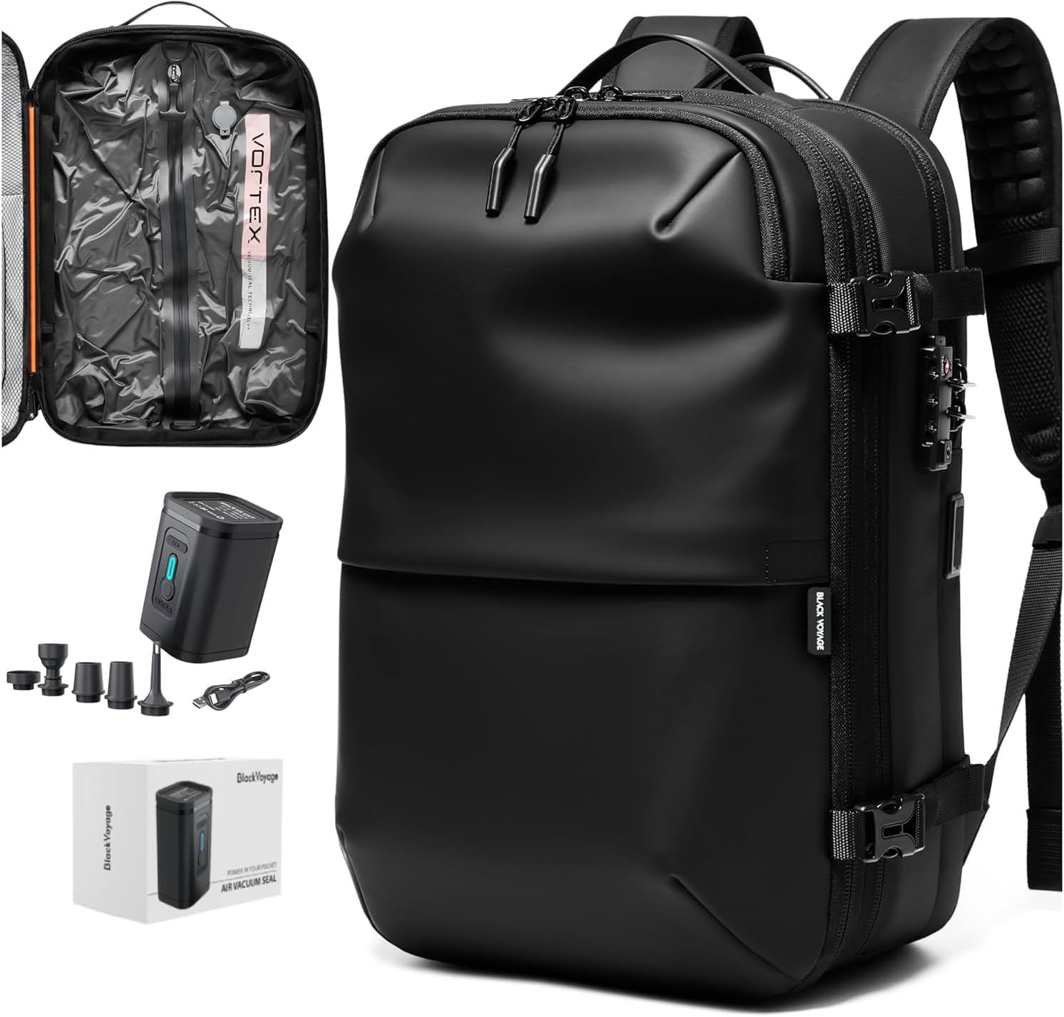 Vortex Vacuum Seal Travel Backpack 60L Expandable Air Compression System Water Resistant TSA Lock Carry-On Suitcase Luggage Black AERO - Vacuum Pump Included