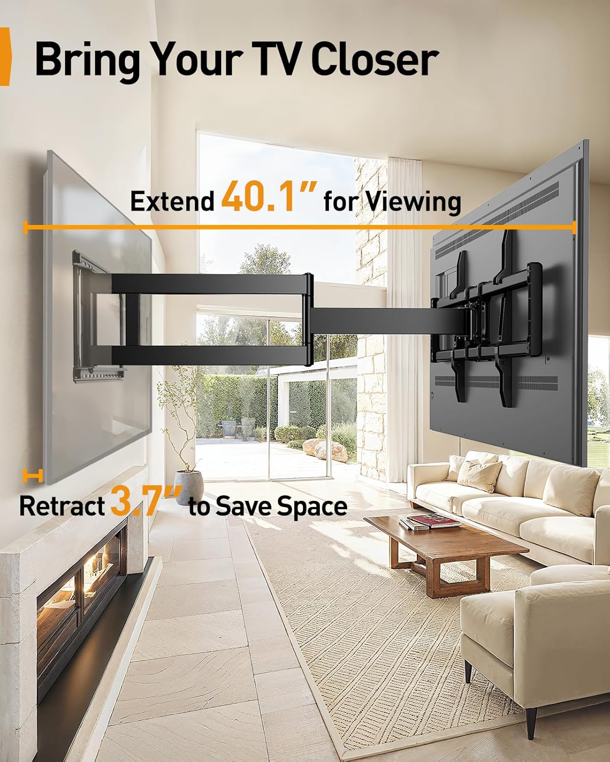 Perlegear Long Arm Full Motion TV Wall Mount for 42–97 Inch TVs up to 150 lbs, Pre-Assembled TV Mount with Full Swivel, Tilt and Extension, Fits 8″/12″/16″/24″ Wood Studs, Max VESA 800x400mm, PGXLF02