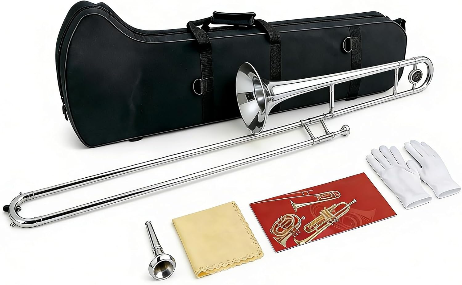 Bb Tenor Slide Trombone | Full Kit with Mouthpiece Gloves & Cleaner - Student-Friendly B Flat Tenor Slide Trombone, All-In-One Package for New Learners (Silver)