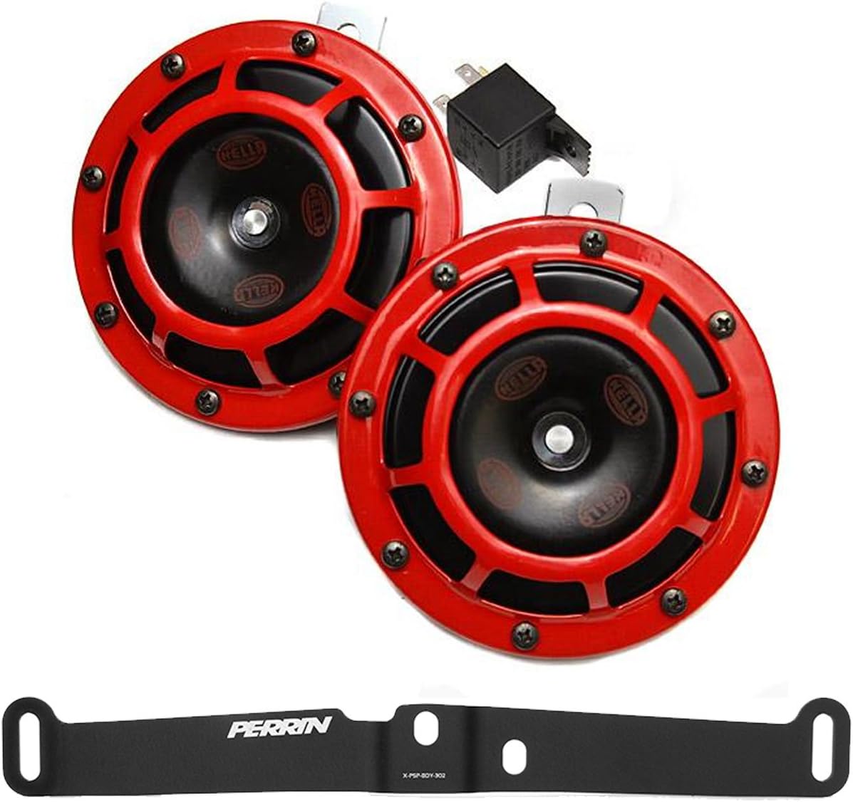 HELLA Supertone 12V High/Low Tone Twin Horn Kit with Perrin Bracket Compatible with 2015 Subaru WRX STI (Red)