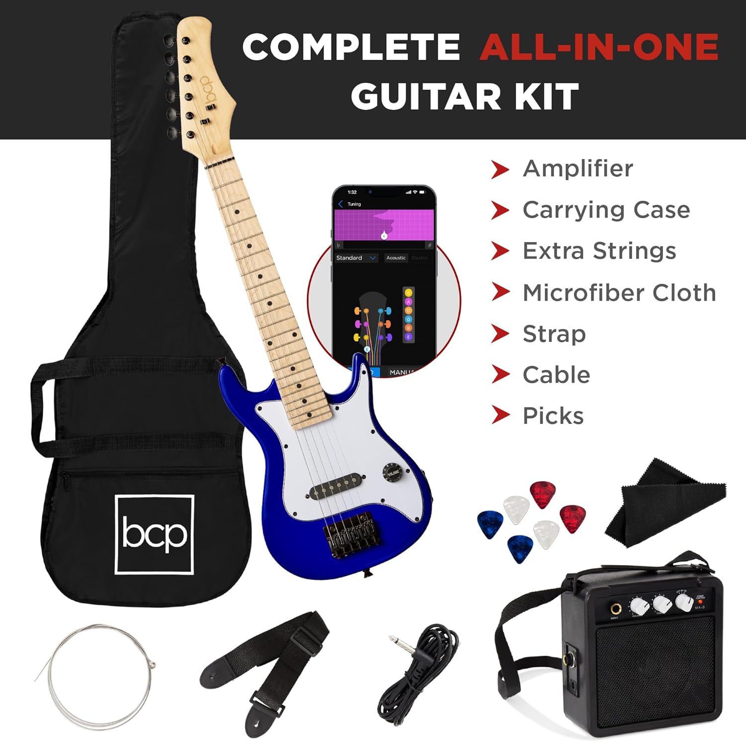 Best Choice Products 30in Kids Electric Guitar Beginner Starter Kit w/ 5W Amplifier, Strap, Gig Bag, Strings, Picks - Metallic Blue