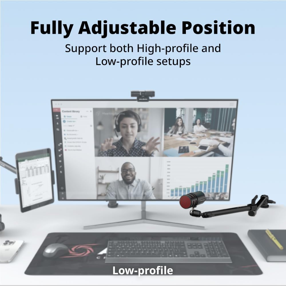 AVerMedia Mic Arm with Desk Clamp, Fully Adjustable Boom Arm, 1/4” to 5/8” Adapter, Heavy Duty Mic Stand for Studio, Podcast, Gaming, including both High & Low Profile Mic Arm setups- FLEXI go BA311L