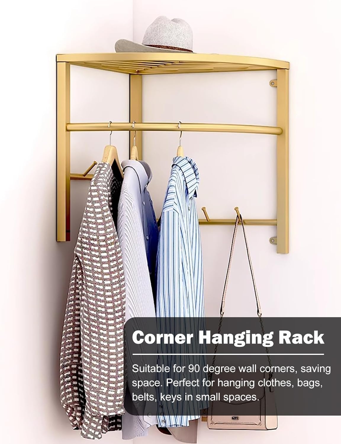 Gold Corner Hanging Clothes Rack with Storage, Laundry Room Wall Shelf Clothes Hanger, Heavy Duty Closet Rod Pole, Corner Coat Rack Hanging Bar