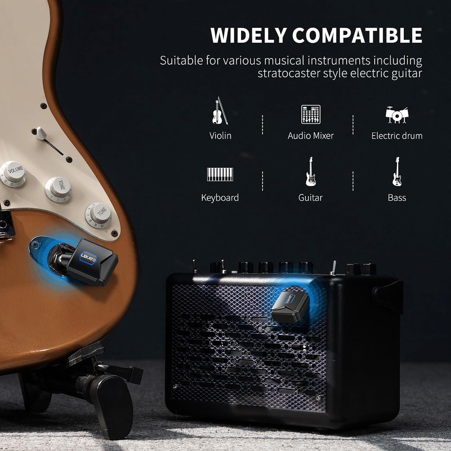 LEKATO WS50 Wireless Guitar System 5.8GHz Wireless Guitar Transmitter Receiver with Charging Box Audio Wireless Transmitter Receiver 4 Channels for Electric Guitar Bass