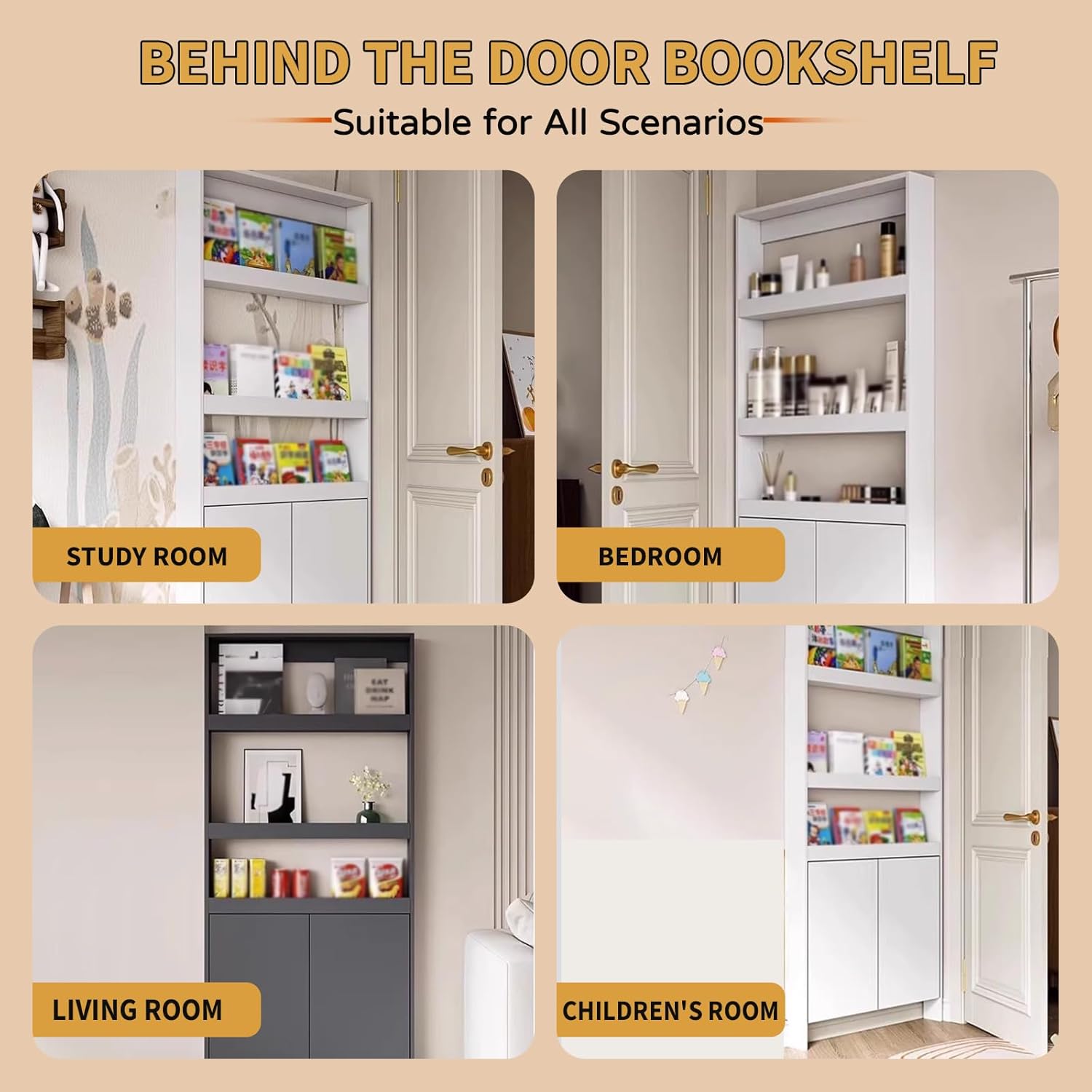 LINLIUA Behind The Door Bookshelf, 5 Shelf Behind Door Shelves with Storage, Space-Saving Wall Mount Narrow Bookcase Cabinet for Living Room Bedroom Children's Room