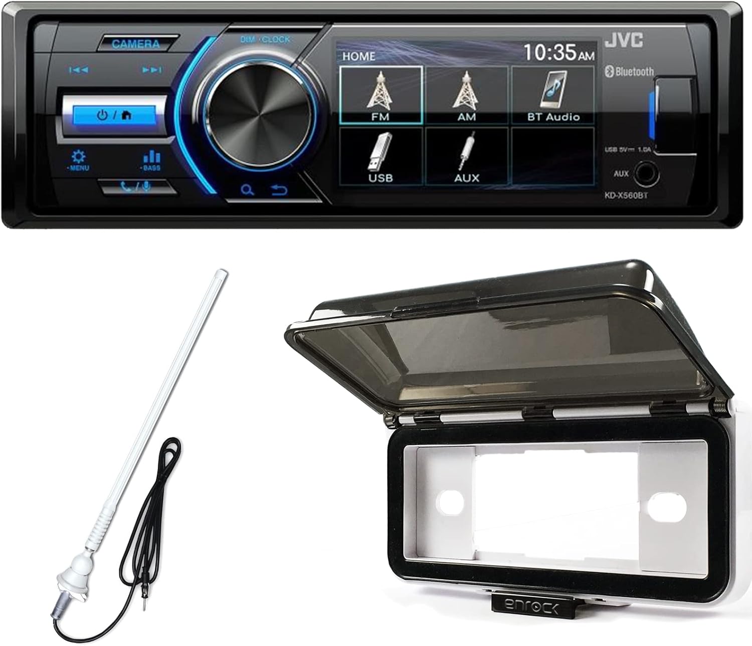 Single DIN Marine Motorsports Digital Media Bluetooth USB AUX AM/FM Radio Stereo Receiver Bundle Combo with Marine Single DIN Radio Dash Protector (White), AM/FM Antenna (White)