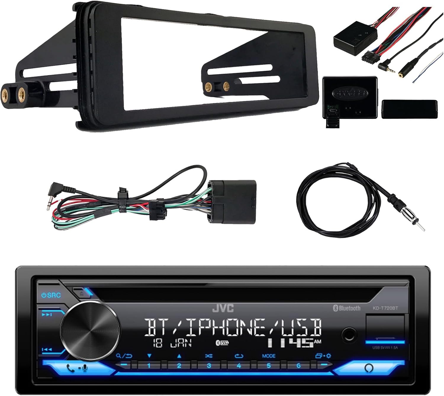 Single DIN AM/FM Radio Bluetooth CD Player Receiver with 98-13 Harley Davidson, HD Touring Stereo Installation Kit, Handle Bar Control Kit, 22