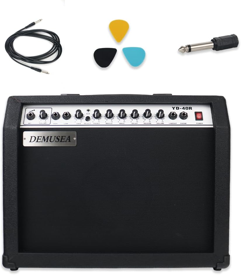 40W Black Guitar Amplifier Combo Band Practice Amp Portable With Dual Inputs, Delay, Reverb,Treble,Middle, Bass, Gain And Mic.Aux.6.5