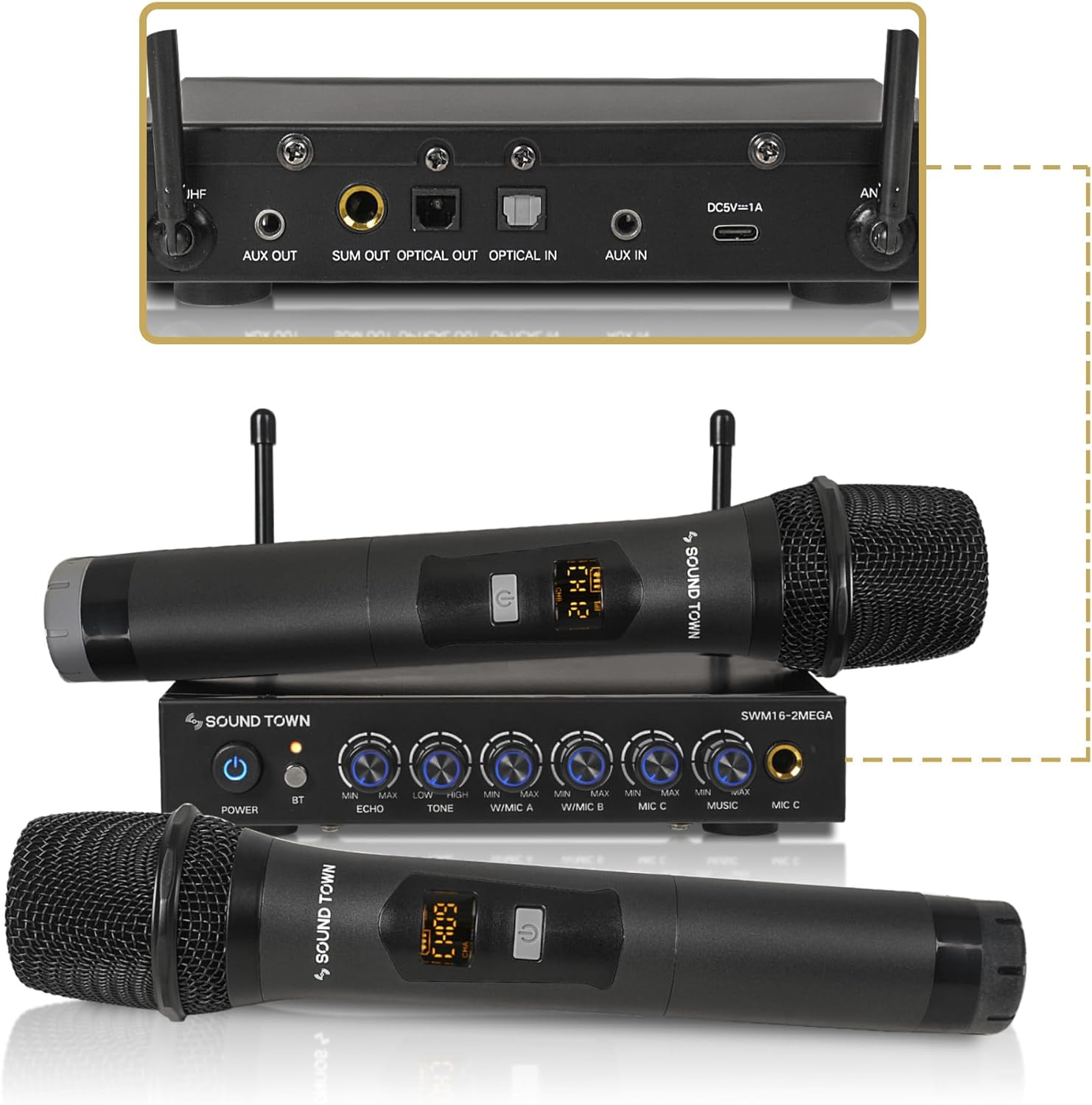 Sound Town 100 Channels Wireless Microphone Karaoke Mixer System with 2 Metal Handheld Microphones, Optical (Toslink), AUX, for Smart TV, Home Theater, Sound Bar (SWM16-2MEGA)