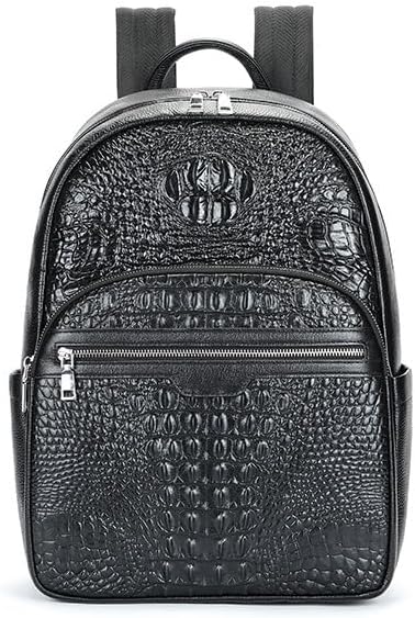 Genuine Leather Sling Backpack Vintage Water-resistant Laptop Bag Crocodile Travel Business Casual Daypack Gift Box (Black)