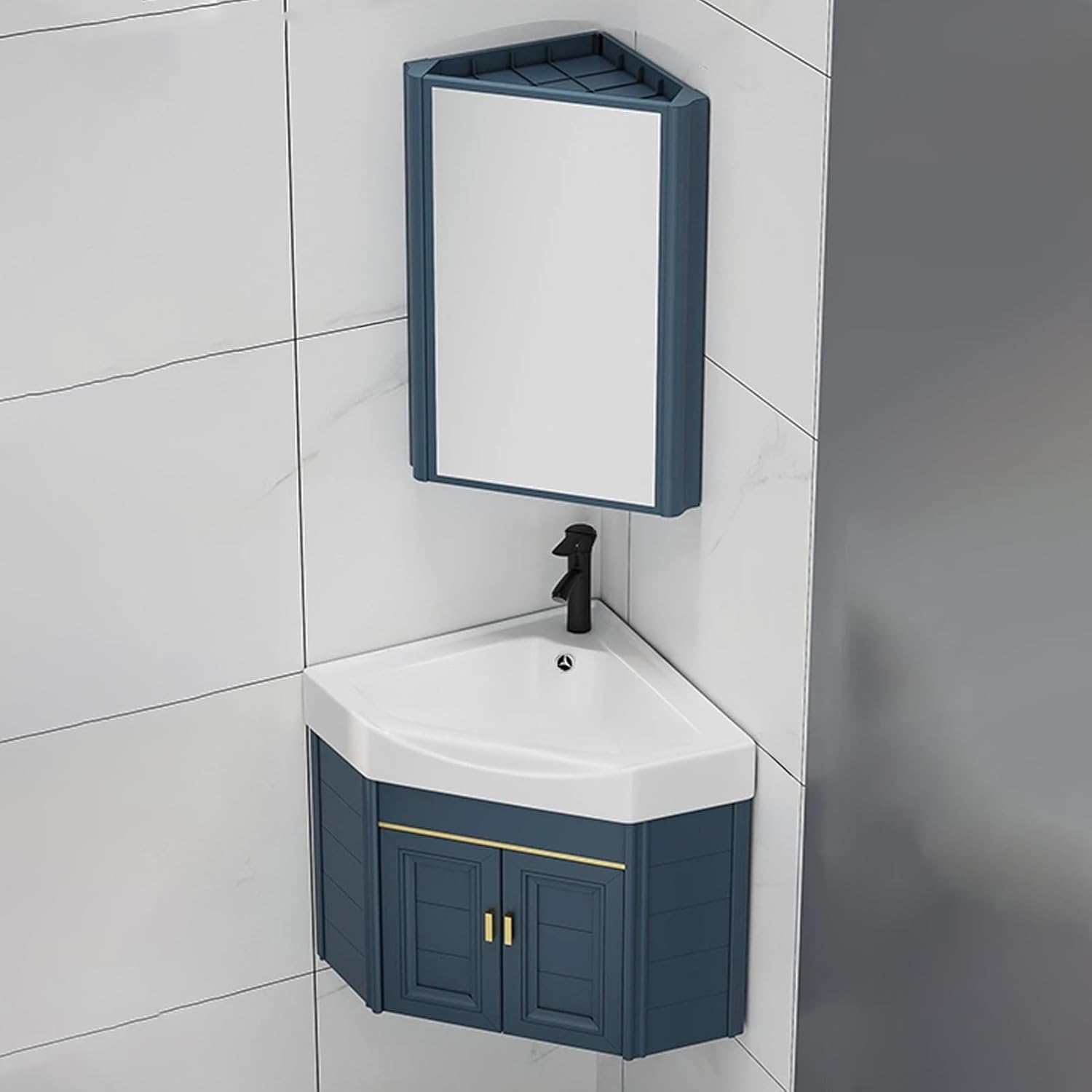 Corner Bathroom Sink, Corner Wall Mount Bathroom Sink, Small Vanity Sink with Mirror Cabinet, Corner Mounted Bathroom Vanities Cabinet Sink, Bathroom Vanity for Small Spaces(47cm/18.5in)