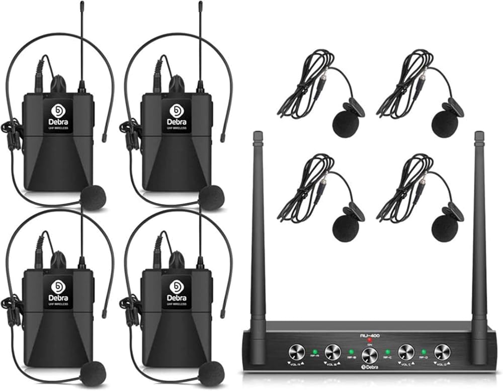 Debra Audio Pro UHF 4 Channel Wireless Microphone System with Cordless Handheld Lavalier Headset Mics, Metal Receiver, Ideal for Karaoke Church Party (with 4 Bodypack (A))