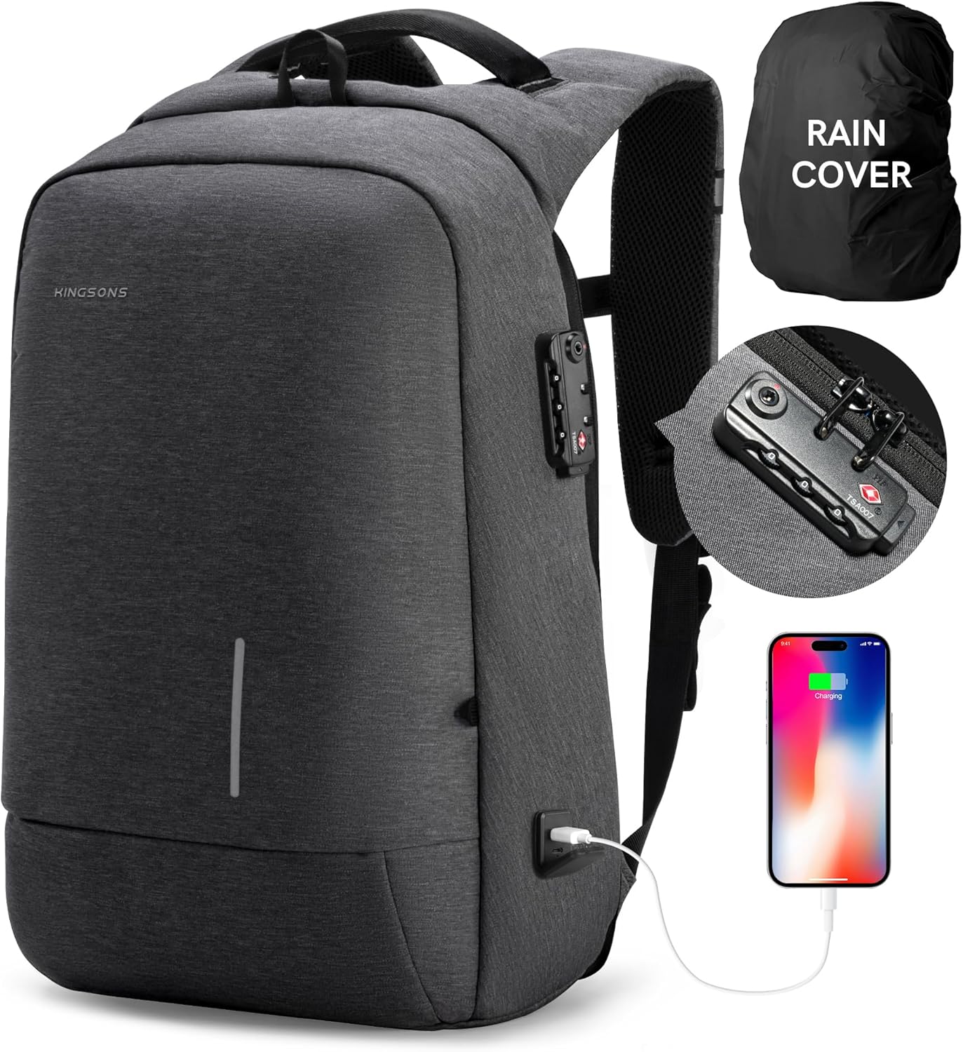 Kingsons Laptop Backpack, Large Business Travel Computer Bag with USB Charging Port Anti-Theft Water Resistant for 17.3 Inch Laptop Rucksack for men