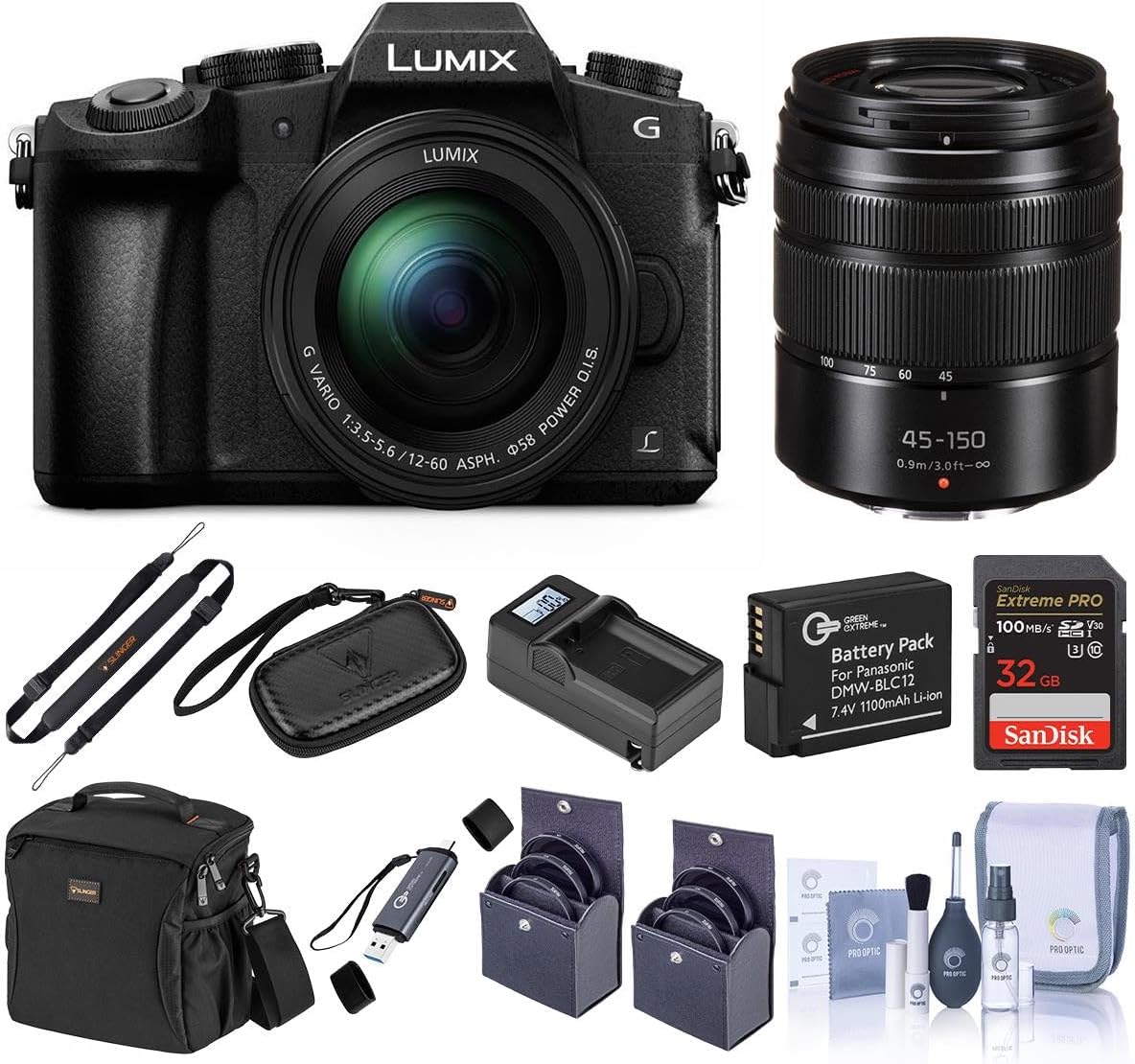Panasonic LUMIX DMC-G85 Mirrorless Camera w/12-60mm f/3.5-5.6 LUMIX G OIS Lens Bundle with 45-150mm f/4.0-5.6 Lens, Memory Card, Bag, 2x Battery, Charger, Filter Kit, Card Reader, Cleaning Kit