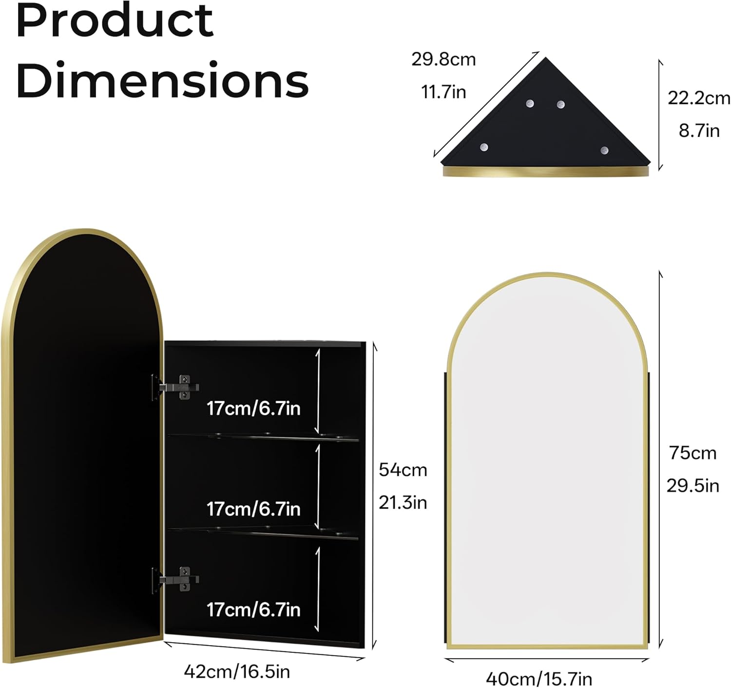 LED Corner Medicine Cabinet with Mirror, One-Touch Defogger, Arched Wall Mount Corner Bathroom Mirrored Cabinets 15.7