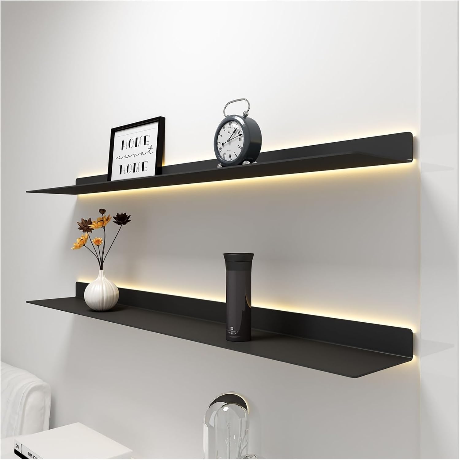 1PCS Lighted Display Stand Wall Shelves for Storage,Metal Floating Shelves,L-Shape Display Picture Ledge Shelf for Wall Decor Bedroom Living Room Bathroom Kitchen (Color : Black, Size : 60x20x6cm)