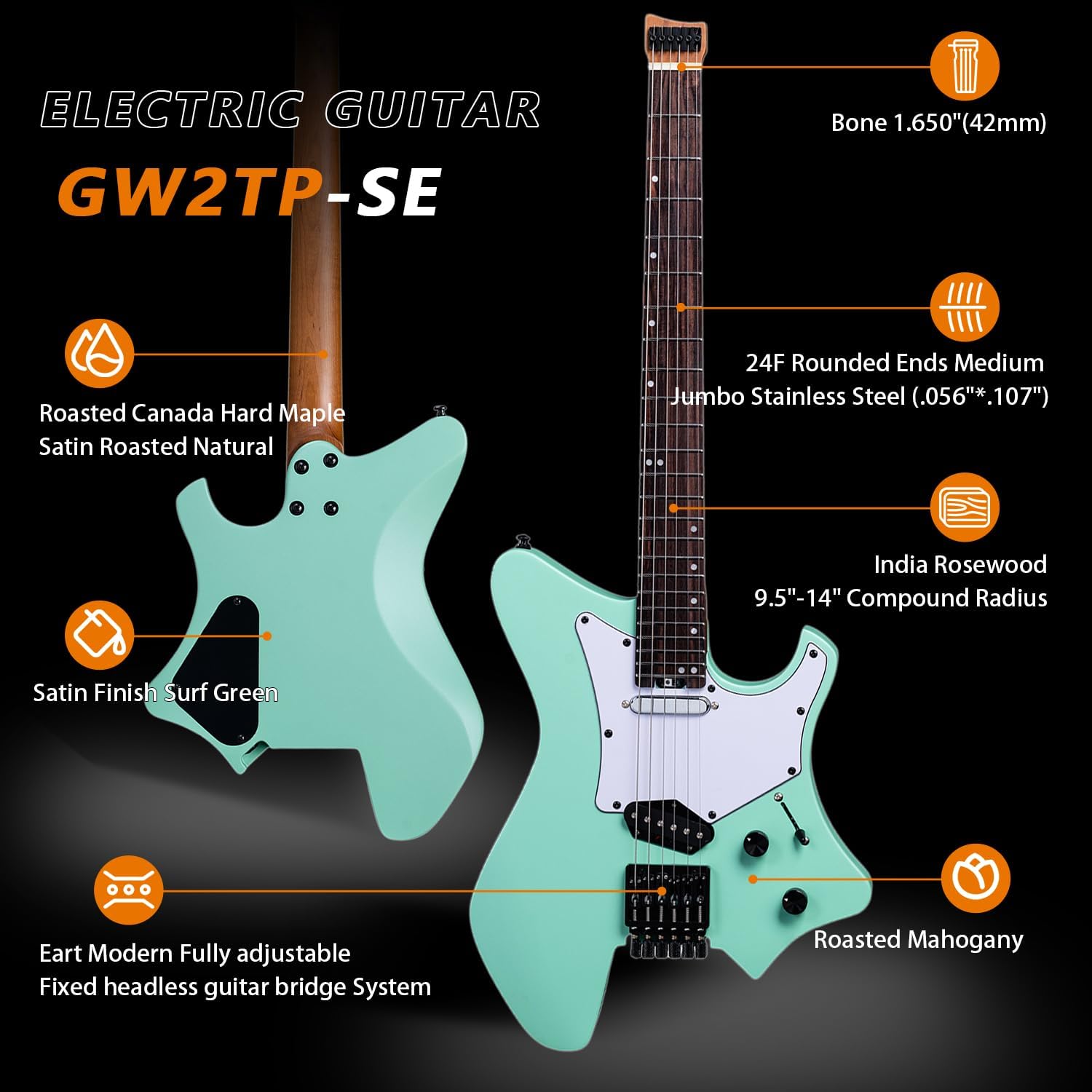 EART GW2TP-SE Lightweight Headless Electric Guitar, Solid Electric Guitar, Roasted Mahogany Body, Custom Artones-TSE pickups with Guard, Satin Finish