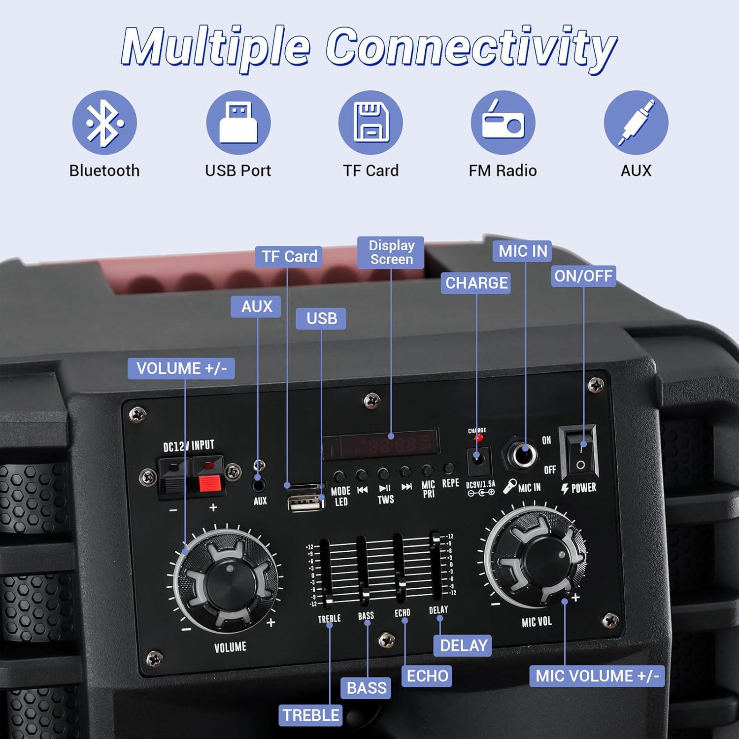 Dual 12’’ Wireless Party Bluetooth Speaker with Microphone, Remote, Portable PA Speaker System, RGB LED Party Lights, Karaoke Machine with Treble & Bass, FM/AUX/USB/TF/TWS/Echo