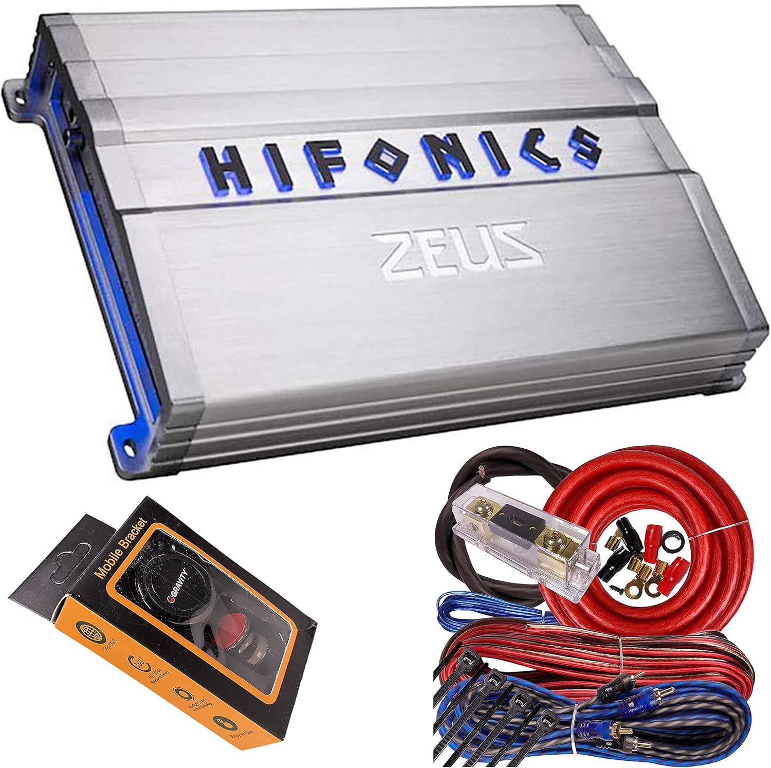 Hifonics ZG-2400.1D Zeus Gamma 1 Channel Super D Class 2400 Watt Car Audio Sound System Subwoofer Speaker Amp Amplifier with Gravity Magnet Phone Holder and 4 Gauge Kit Red Bundle