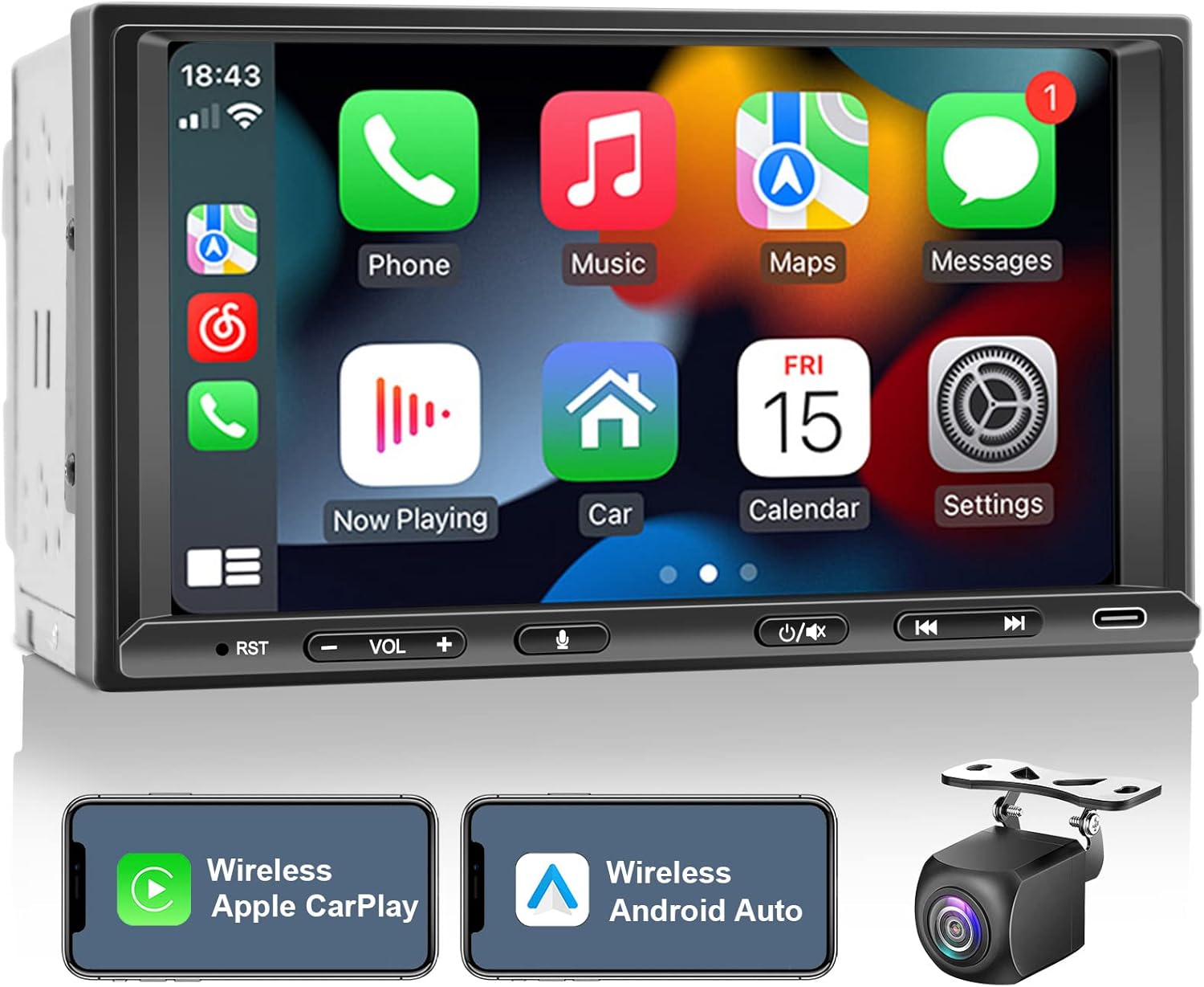 Double Din Car Stereo Radio Wireless CarPlay Wireless Android Auto, 7in Touchscreen Car Audio Receiver with Bluetooth,Rearview Camera,AM/FM, GPS Navigation,Mirror Link,Subwoofer,USB/AUX/SWC