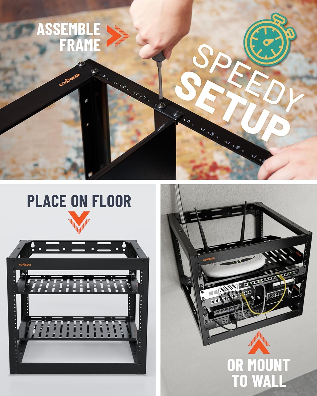 ECHOGEAR 10U Network Rack - Wall Mountable Heavy Duty 4 Post Design Holds All Your Networking & AV Gear - Open Frame Design Includes 2 1U Vented Shelves & Mounting Hardware