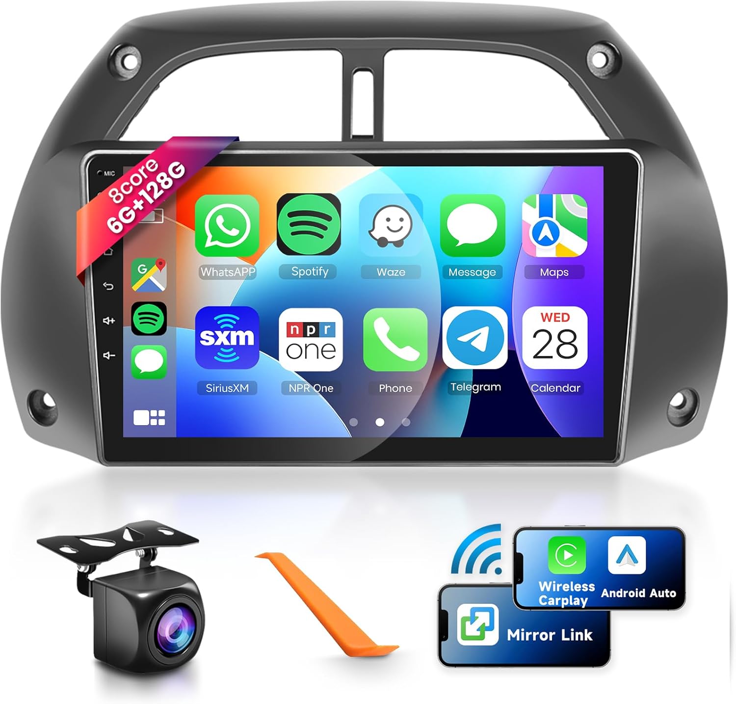 8 CORE 6G+128G Car Stereo for Toyota RAV4 2001-2006 with Wireless CarPlay/Android Auto,1280 * 720P 9 Inch IPS Touch Screen Android 13 GPS WiFi Bluetooth 32-Band DSP HD Backup Camera