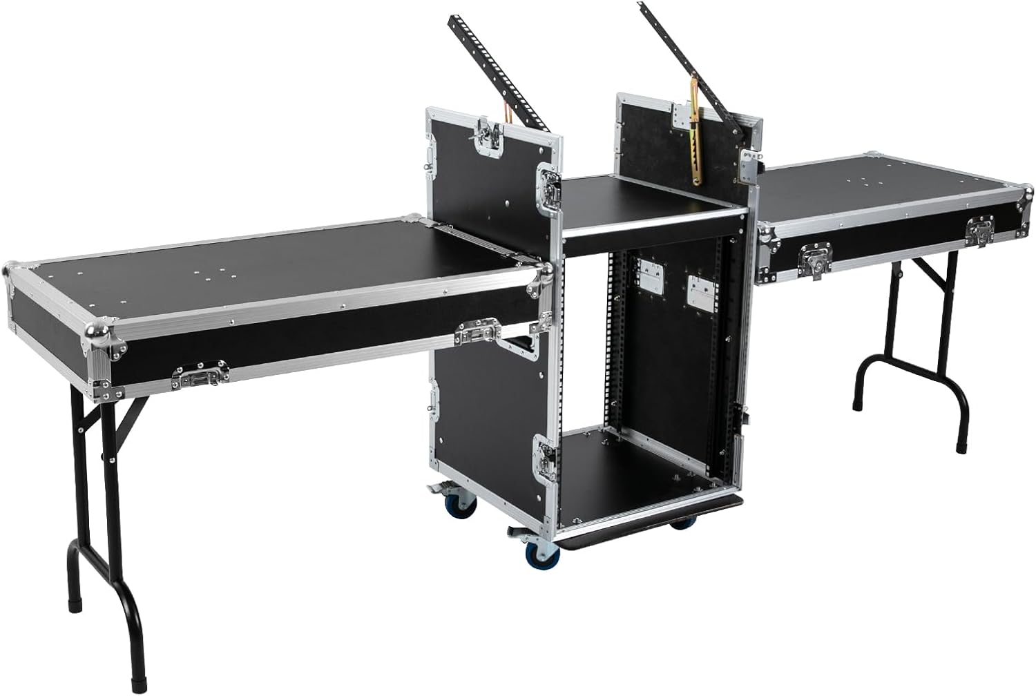 DYNAMI 14U PA DJ Rack w/Wheels,2 Tier Heavy Duty Road ATA Case with 2 Work Tables,DJ Mixer Stand Audio Rack,for Music Studio Booth Pro Audio Recording Cabinet Stage Equipment (14U+Dual Work Table)