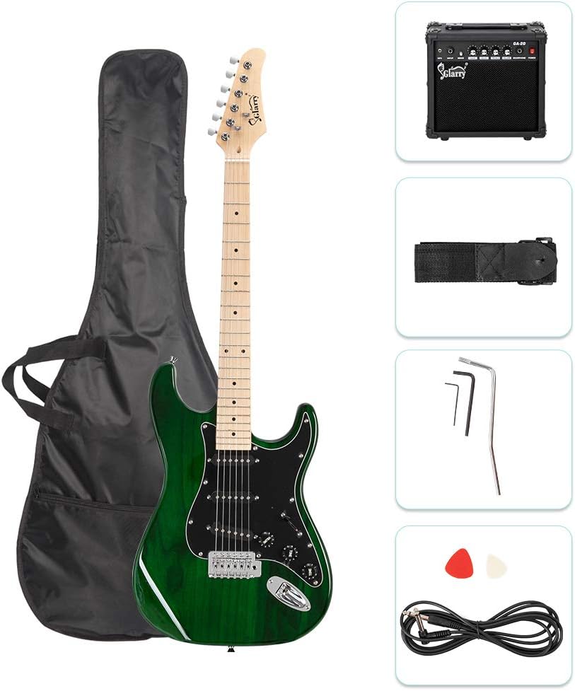 GLARRY Full Size Electric Guitar for Music Lover Beginner with 20W Amp and Accessories Pack Guitar Bag (GREEN, 39