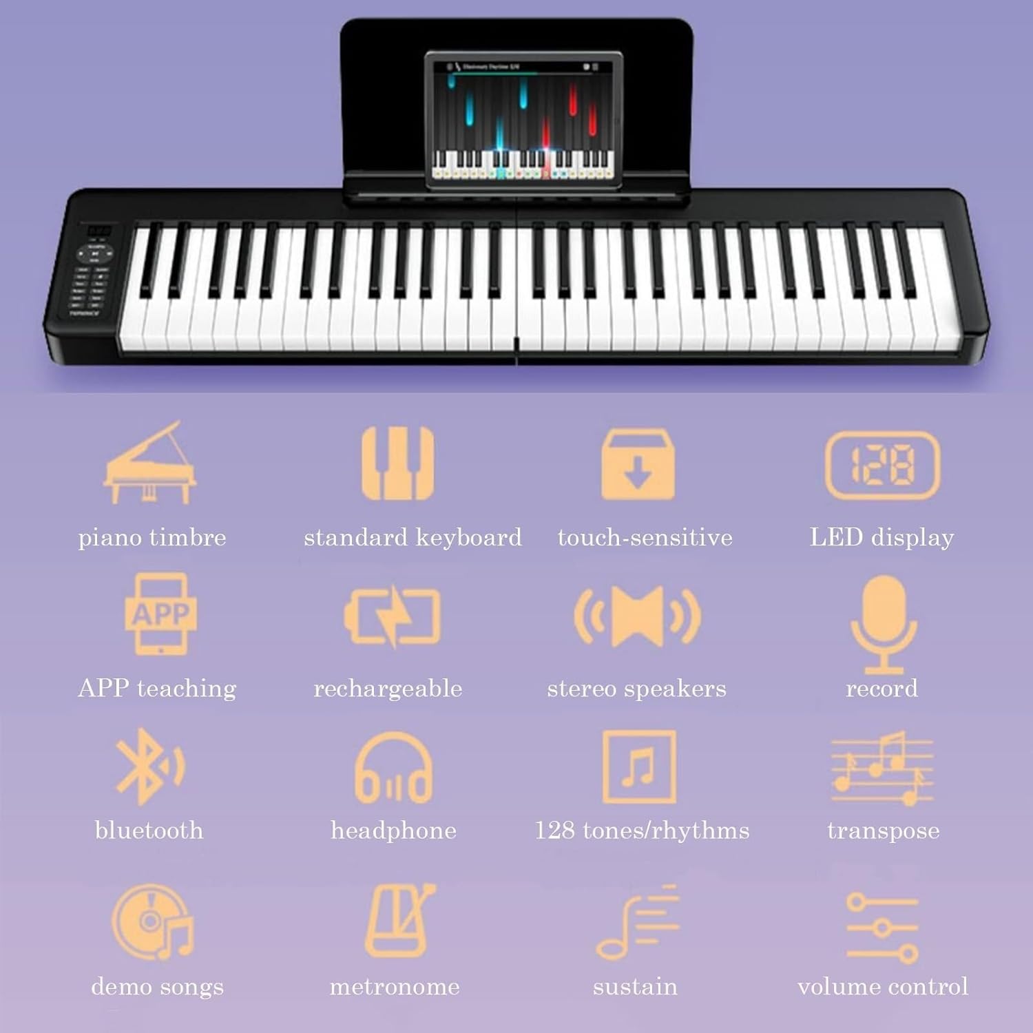 Folding Piano Keyboard 61 Key Touch-Sensitive Electric Piano, Portable, Rechargeable, Bluetooth, MIDI Mode for Beginners & Teens (Black)