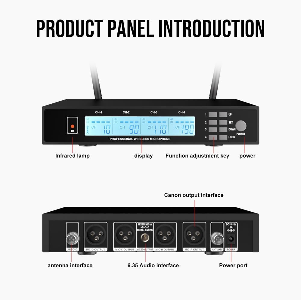 4-Channel UHF Wireless Mic System, Adjustable Frequency, 4 Metal Moving Coil Handheld Mics, 160ft Range, for Church, KTV, Events