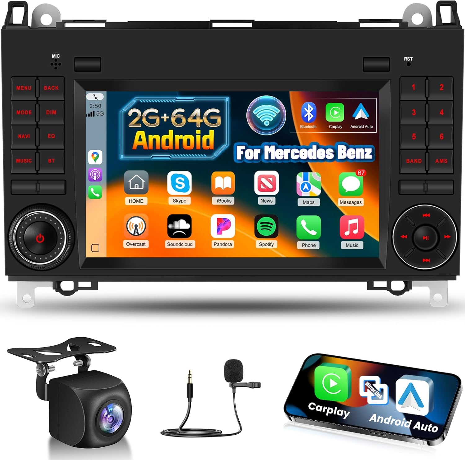 [2+64G] Car Radio for Mercedes Benz W169 B200 W245 W639 Vito/Viano W906 Sprinter - Wireless Carplay and Android Auto - 7Inch Touchscreen Android Car Stereo - DSP/WiFi/GPS/SWC + AHD Backup Camera