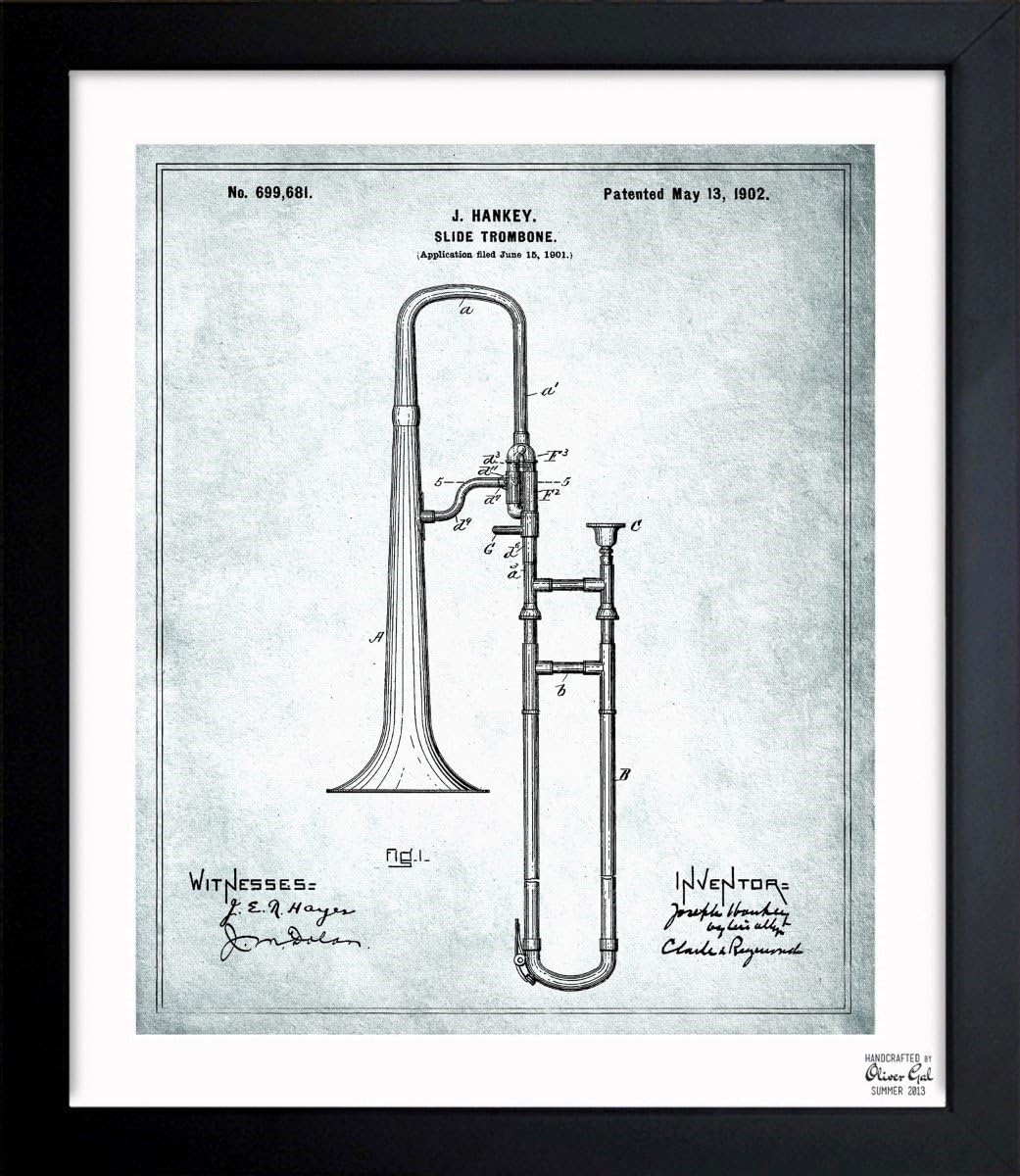 Trombone Musical Instrument 1902' Vintage Framed Wall Art Print for Home decor & Office. The Music Wall Decor Blueprint Collection by Oliver Gal 26x32 inch