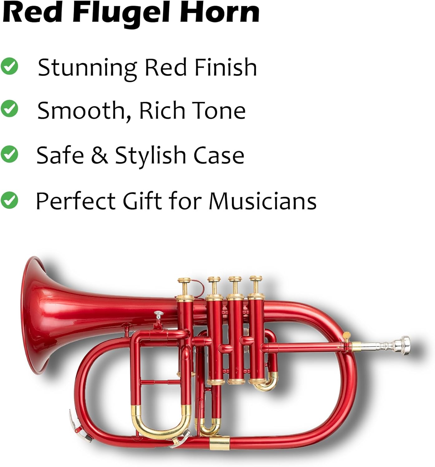 4-Valve Flugelhorn in Bb/F Pitch – Colored Finish with Mouthpiece & Case | Brass Flugel Horn for Jazz, Orchestras & Brass Bands, Red