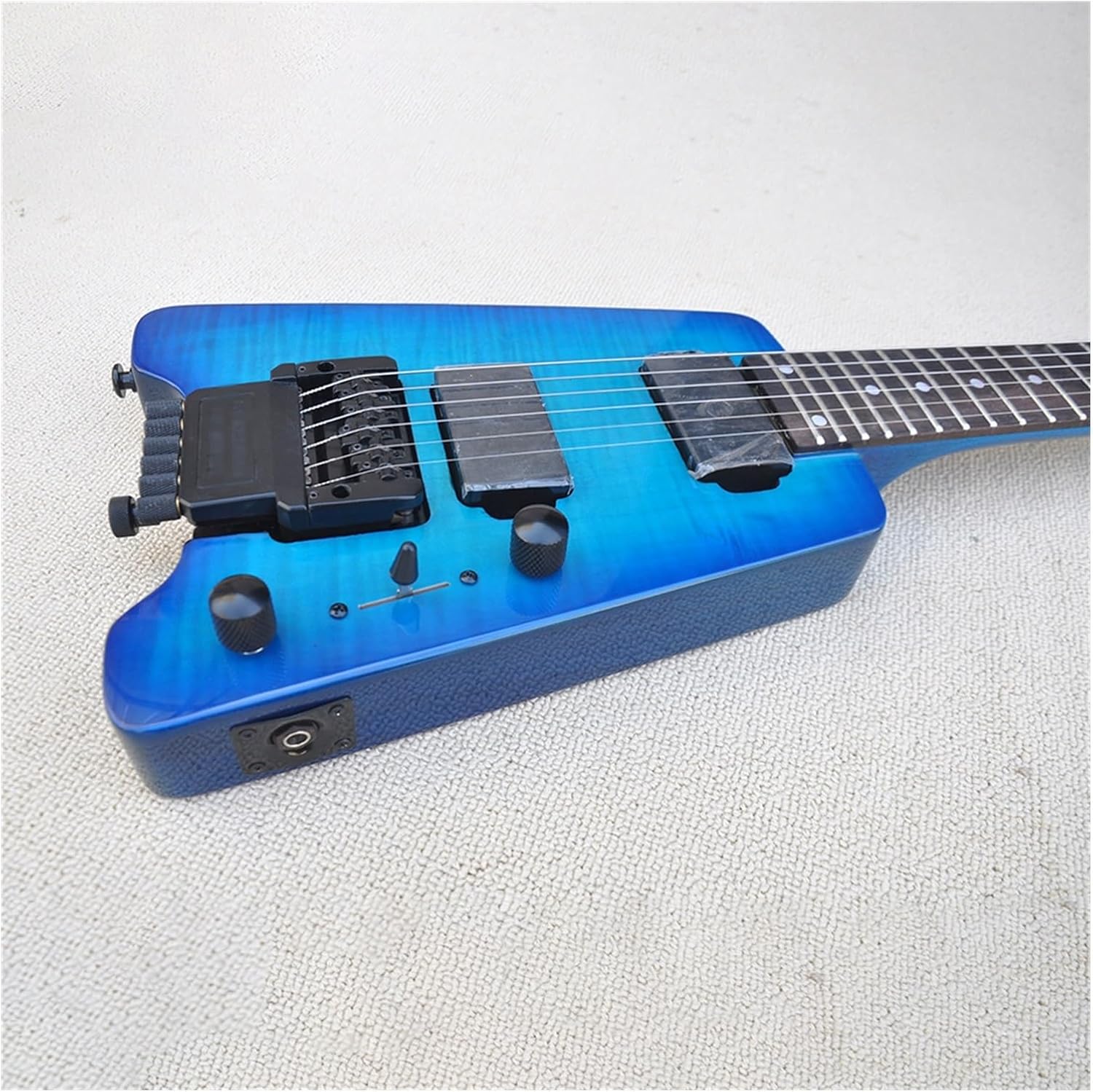 Headless Electric Guitar Blue Portable Travel Flame Maple Veneer Headless Electric Guitar with Rosewood Fretboard 24 Frets