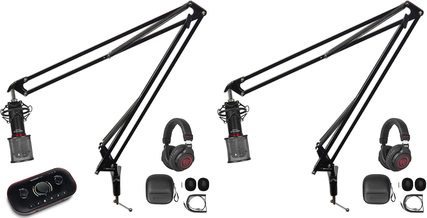 Audiosavings Bundle: (1) Focusrite Vocaster Two USB-C Interface Bundle with (2) Rockville Studio Headphone & (2) Rockville Recording Condenser Microphone & (2) Rockville Microphone Mic Stand (7 Items)
