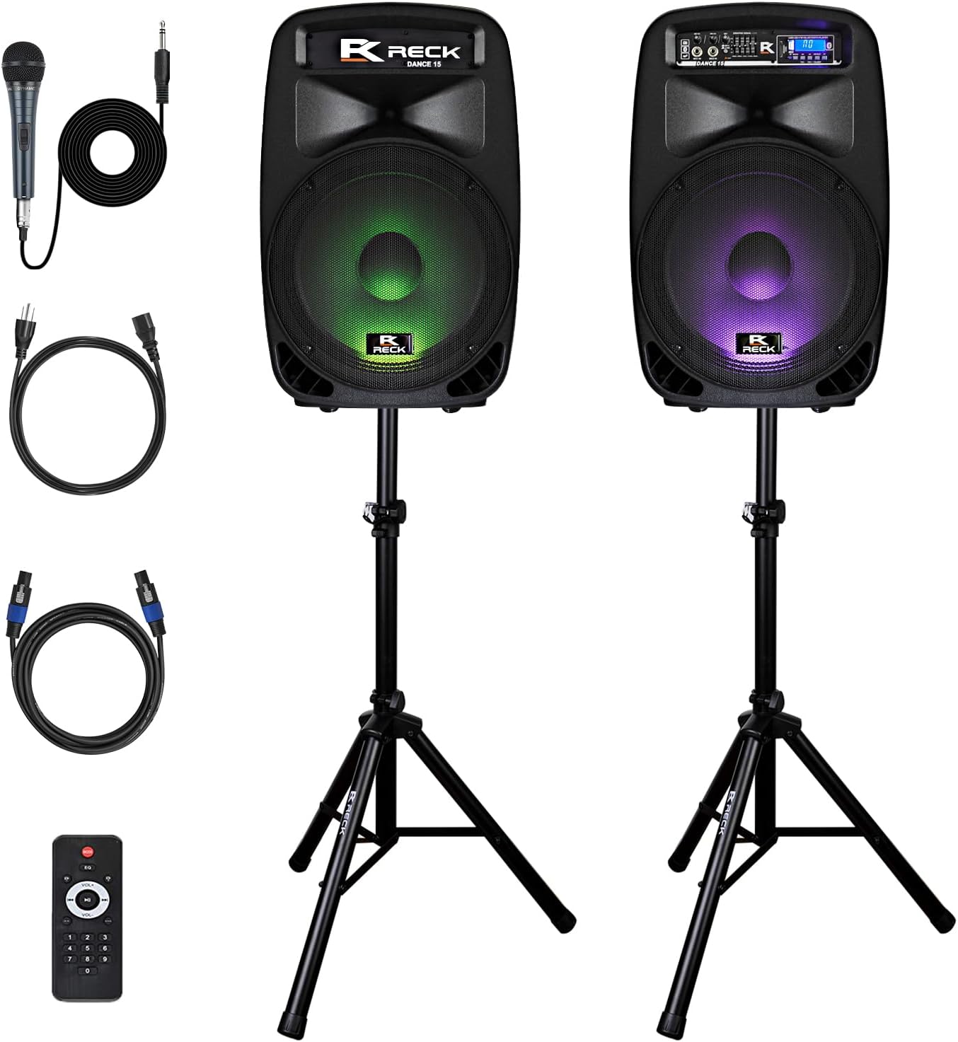 Proreck Dance 15 Portable 15-Inch 2000 Watt 2-Way Powered PA Speaker System Combo Set with Bluetooth/USB/SD Card Reader/FM Radio/Remote Control/LED Light