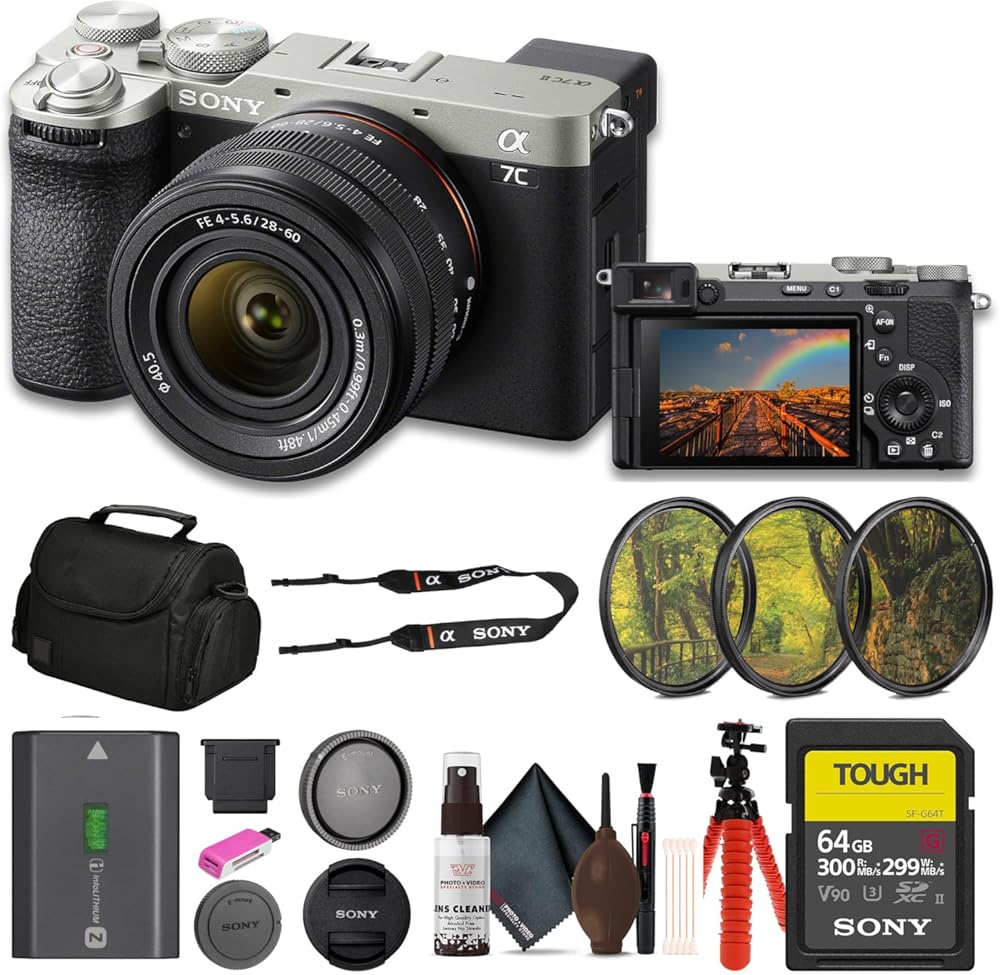 Sony Alpha 7C II Mirrorless Full-Frame Interchangeable Lens Camera - Silver with 28-60mm Lens (ILCE-7CM2L/S) + 64GB Card + Filter Kit + Bag + Card Reader + Flex Tripod + Cleaning Kit