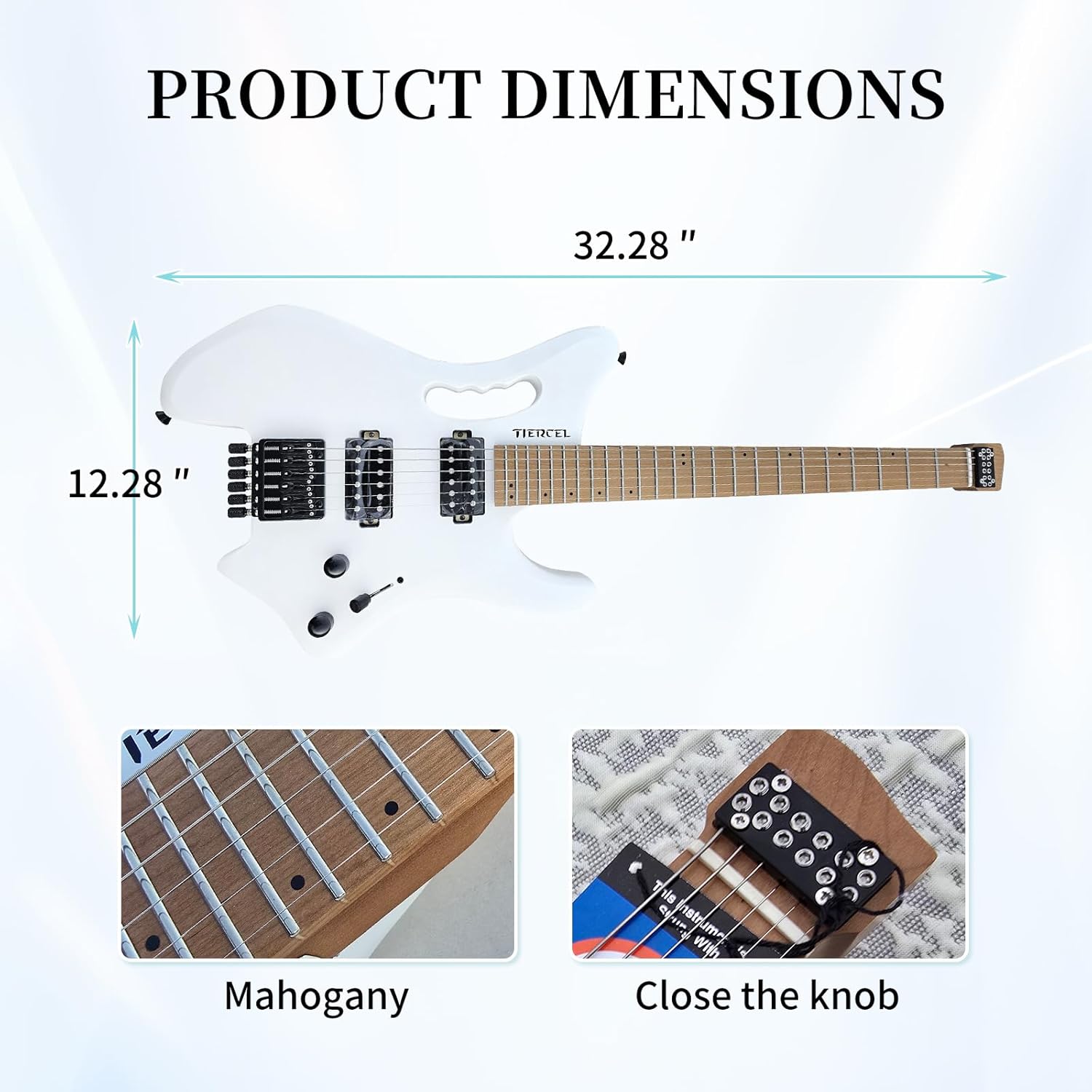 Headless Electric Guitar, Full Size Electric Guitar Solid Body Electric Guitar, Headless Guitar For Starter, Intermediates and Professionals with Tools, Gig Bag Solid-Body Electric Guitar (White)