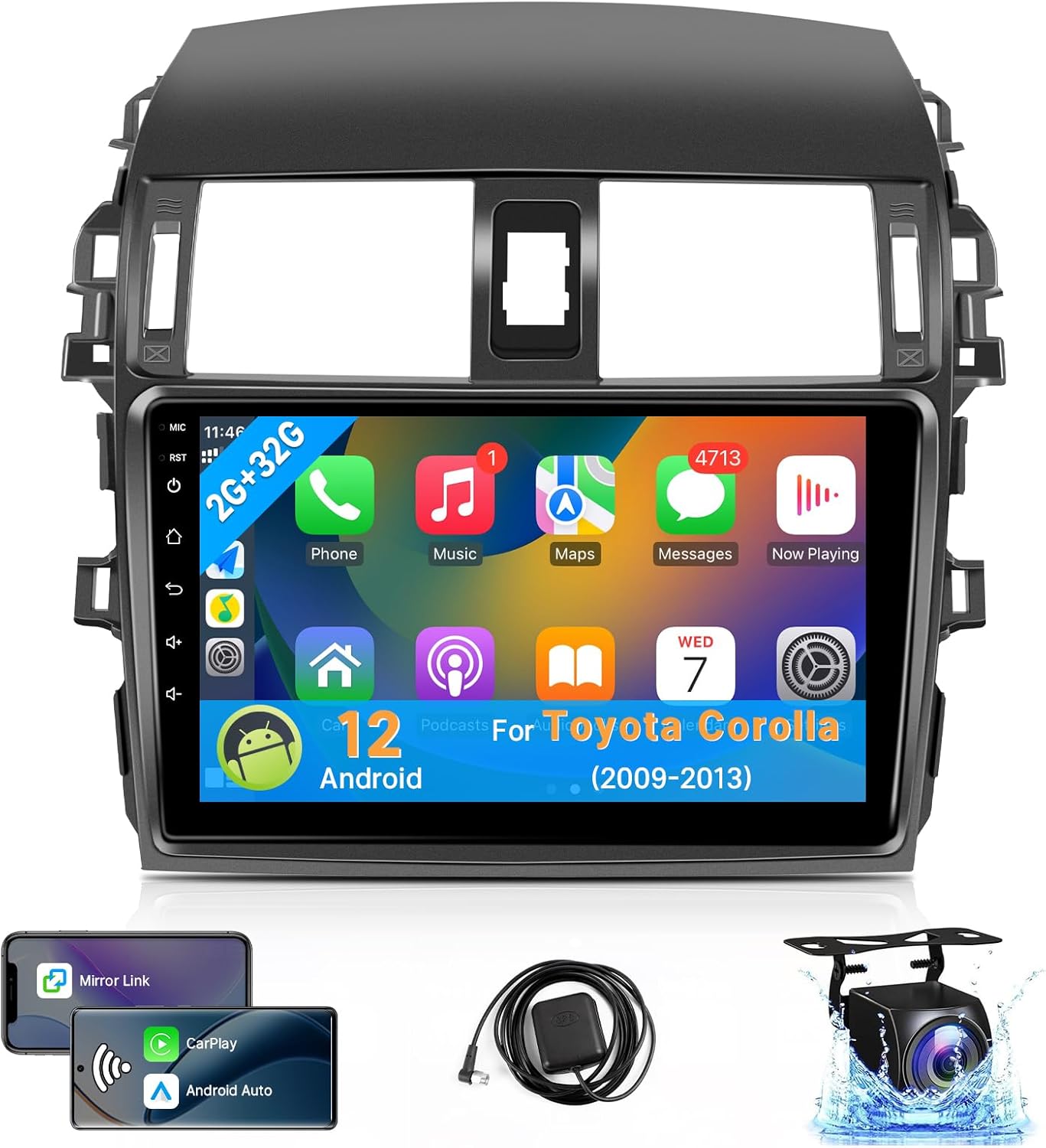 Leadfan Car Stereo for Toyota Corolla 2009 2010 2011 2012 2013 Radio Compatible with Wireless Apple Carplay 9'' Touch Screen in-Dash GPS Navigation Bluetooth WiFi Mirror Link Unit Backup Camera 2+32G