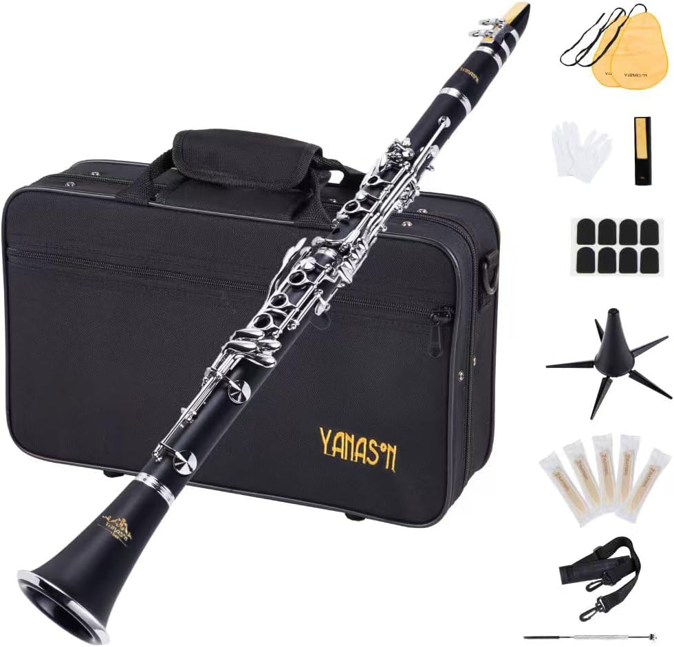 YANASON Bb clarinet for beginners, Bb nickel-plated 17-keys clarinet, suitable for students, professionals, school bands with Hard Foam Case,Barrels*2,Pads*8,Stand, Cleaning Kit,Gloves,Strap,Reeds*8