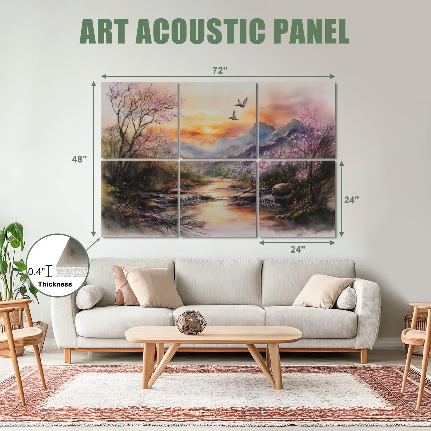 6 Pack Art Acoustic Panels Sound Absorbing Cherry Blossom Trees Mountains Birds Sunset Sky Watercolor Technique Decorative Soundproof Wall Panels Self Adhesive for Recording Studios Office 72
