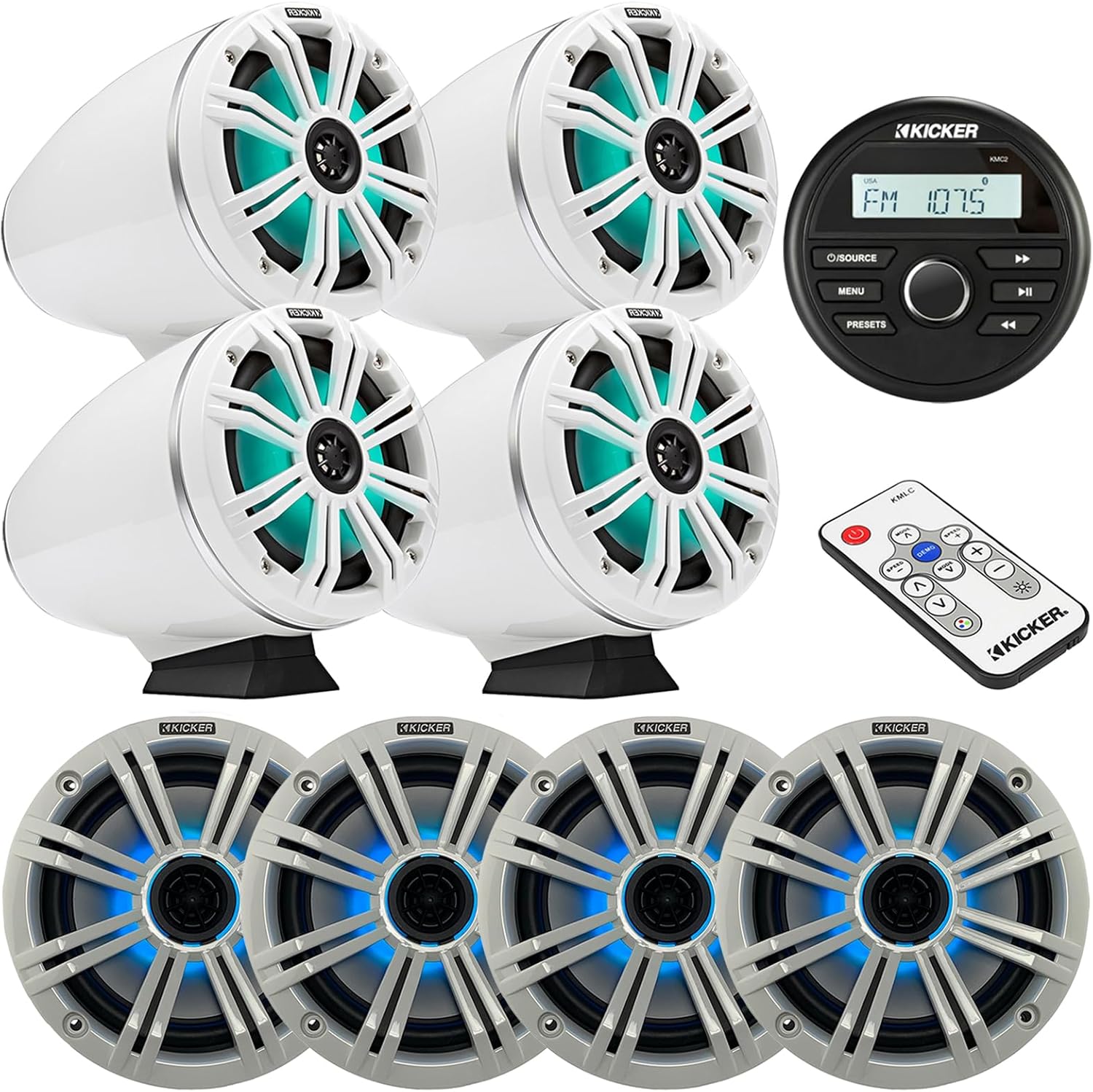 Kicker All-Weather Gauge Style Bluetooth Media Center Receiver, 4X 6.5 195W Max White Marine Multicolor LED Loaded Tower Speakers, 4X 6.5 OEM Replacement White LED Boat Speakers, LED Remote