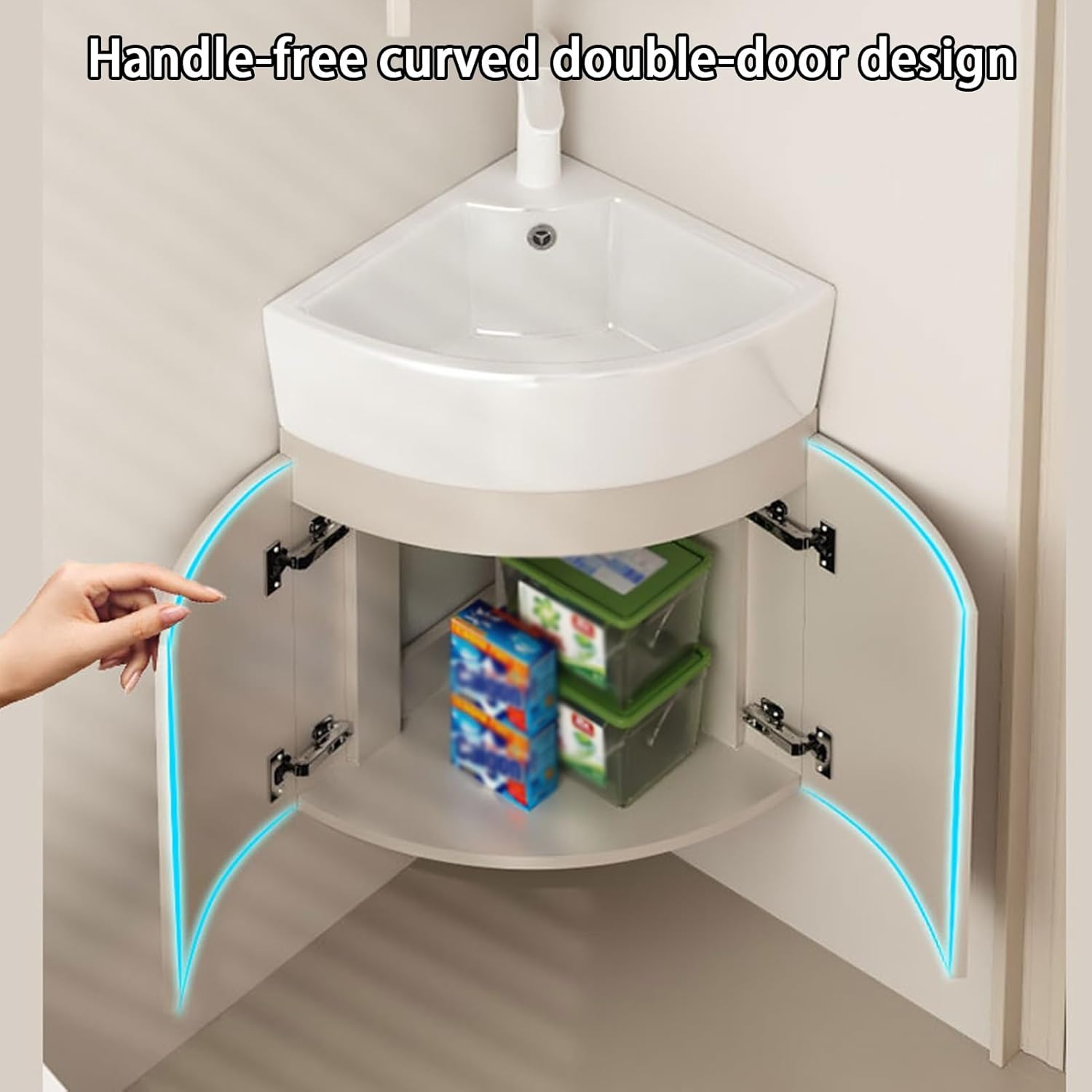 Corner Wall Mount Bathroom Sink, Corner Bathroom Vanity Sink Combo, Bathroom Corner Cabinet with Storage Container and Mirror Cabinet, Ceramic Wash Basin for Small Spaces(48cm/18.9in)