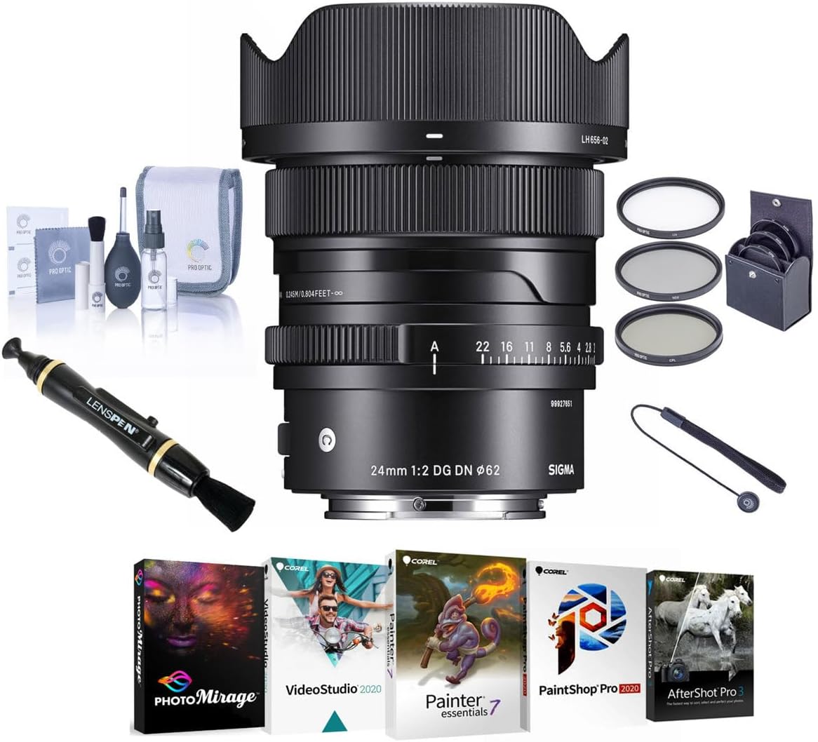 Sigma 24mm f/2 DG DN Contemporary Lens for Sony E, Bundle with ProOptic 62mm Filter Kit, PC Software Kit, Cleaning Kit, Cap Tether, Lens Cleaner