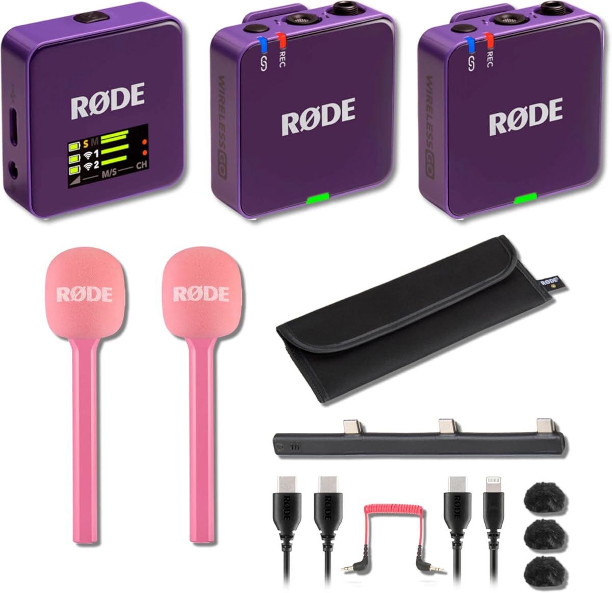 Rode Wireless GO (Gen 3) Compact Wireless Microphone System (Purple) with 2X Pink Interview GO Handheld Adapters