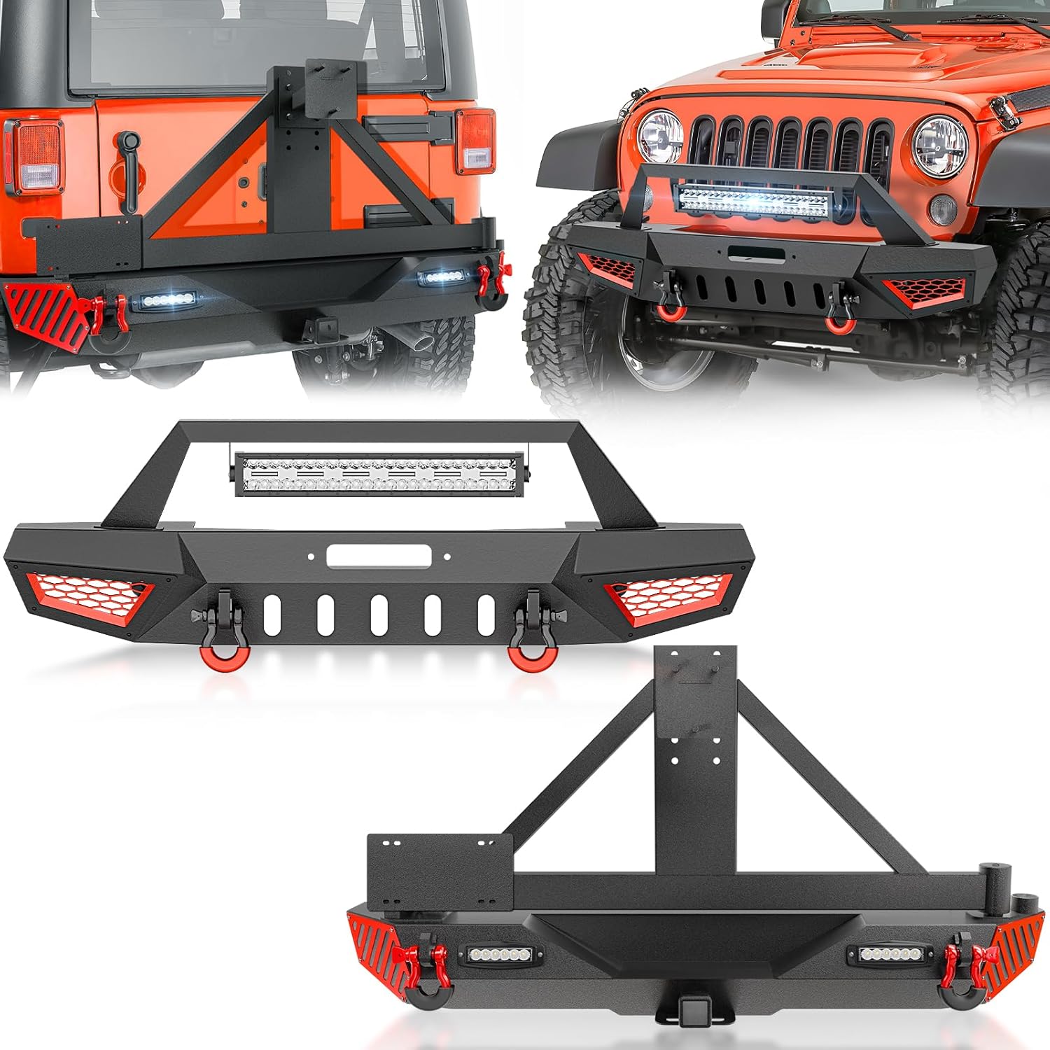 SUORTO Off-Road Front and Rear Bumpers Compatible with 2007-2018 Jeep Wrangler JK JKU with Spare Tire Carrier, LED Lights, Winch Plate, License Plate Frame, Paintable Armor, Hitch Receiver & D-rings