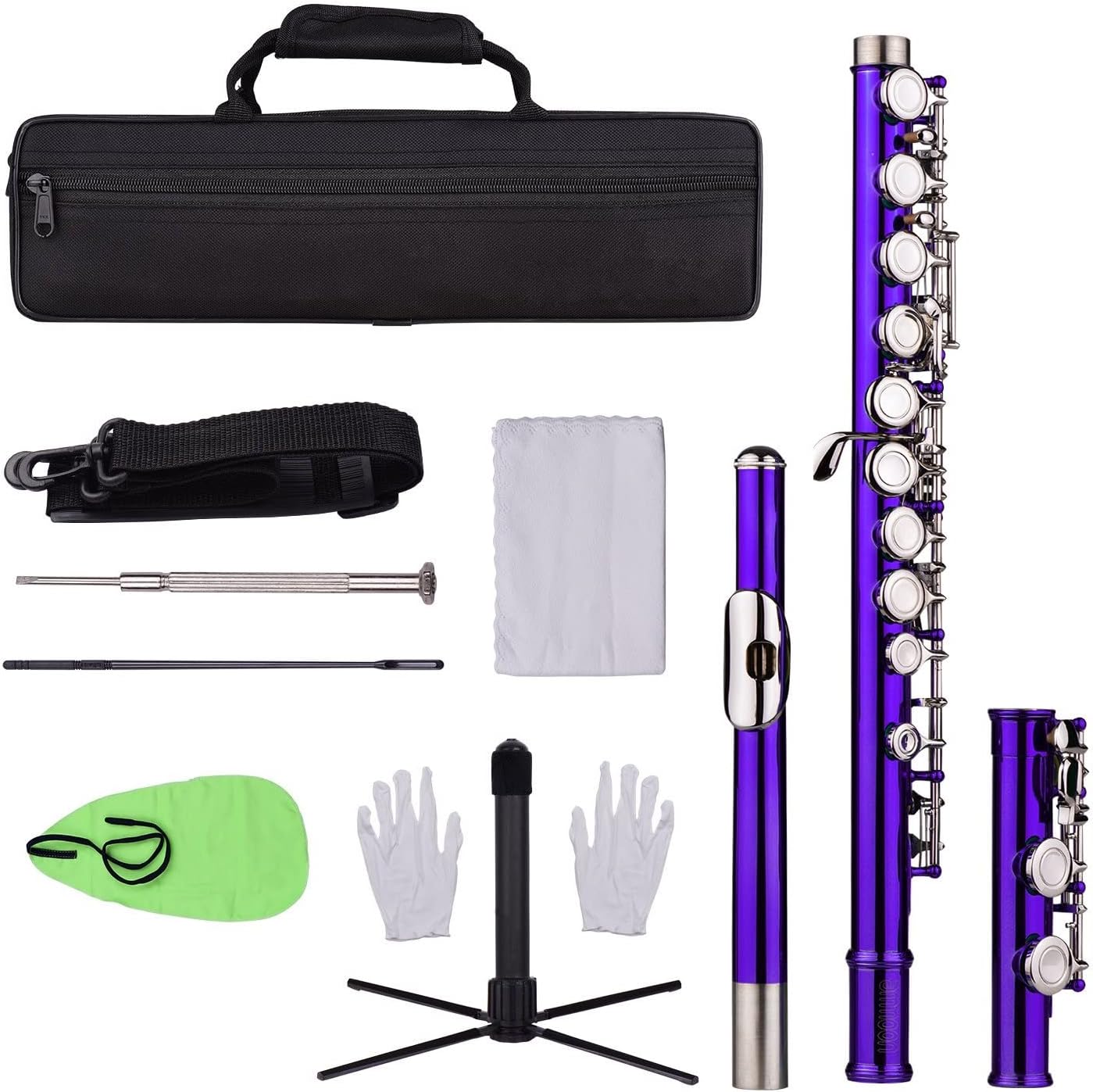 ZUZU Closed Hole C Flute 16 Keys Cupronickel Nickel-Plated Wind Instrument with Carry Case Flute Stand Gloves Cleaning Cloth Beginners Flute (Color : Purple)