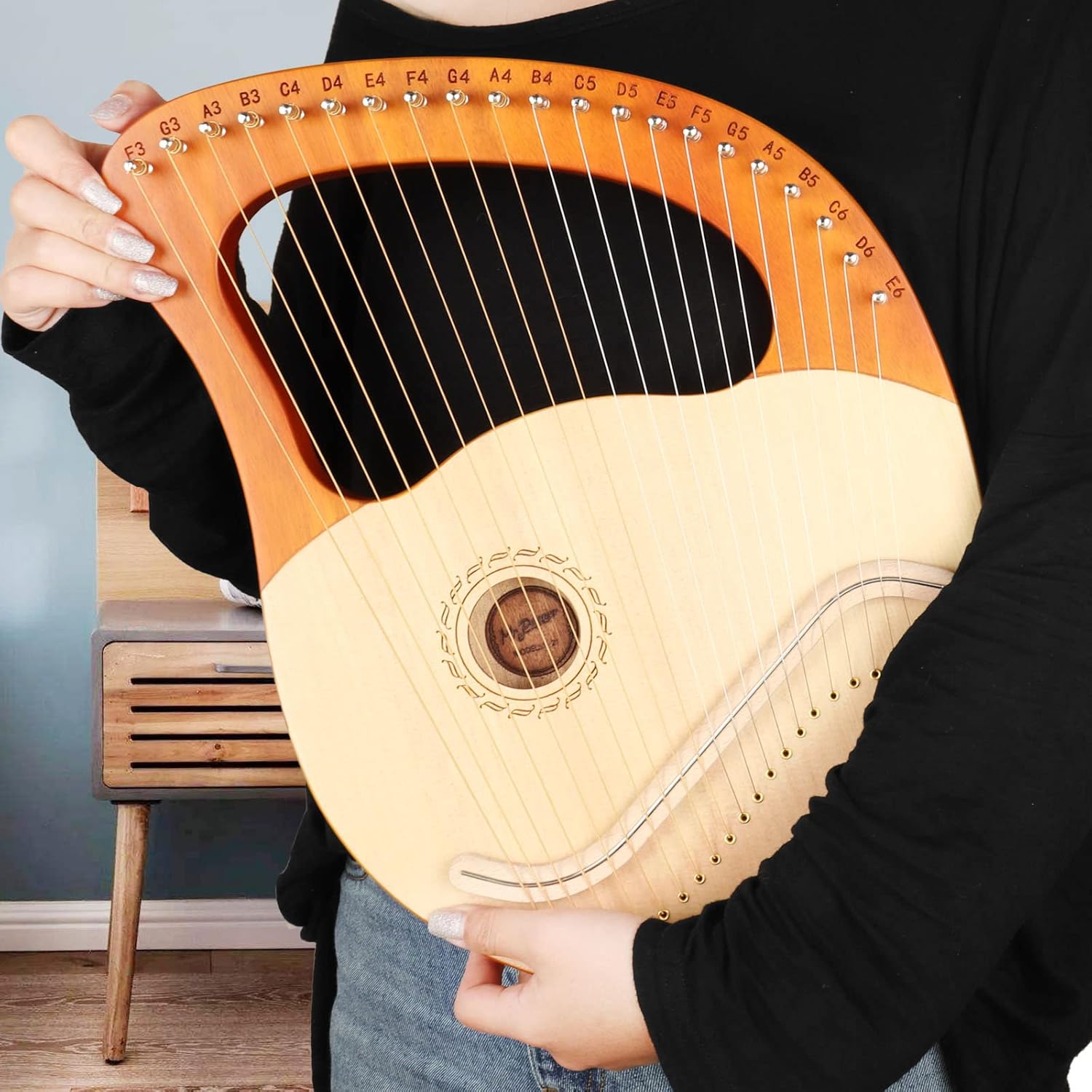 Mr.Power Lyre Harp, 21 Metal Strings Lyre Harp Present For Music Lovers, Beginners, Friend with Tuning Wrench, Replace String Set and Gig Bag (21 String, Natural Wood)