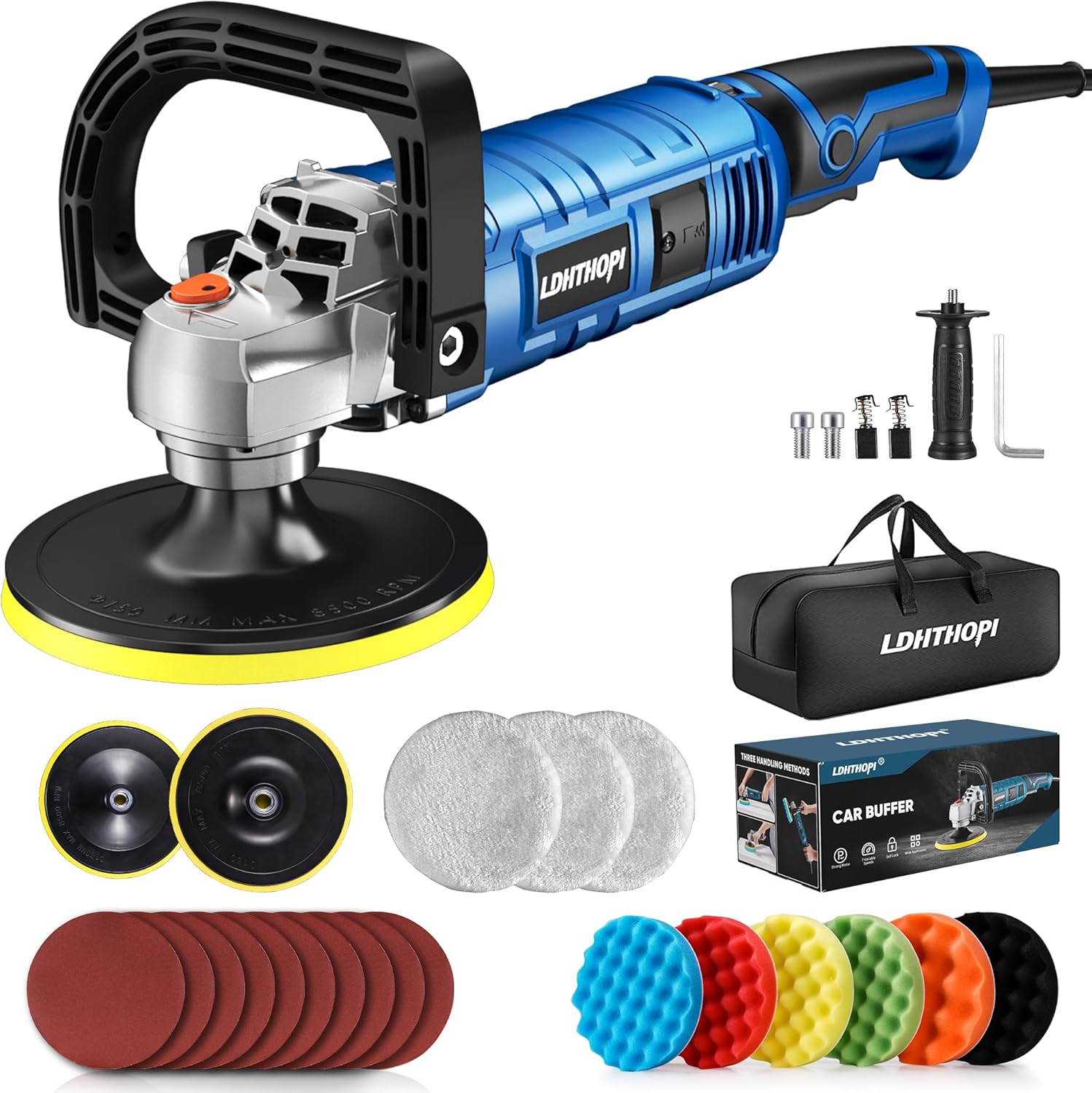 Buffer Polisher Kit for Car - 6/7 Inch Rotary 1600w Polisher Buffer Waxer,7 Variable Speed 1000-3500rpm,Detachable Handle Buffing Machine for Car, Boat Sanding, Polishing Waxing, Blue 3